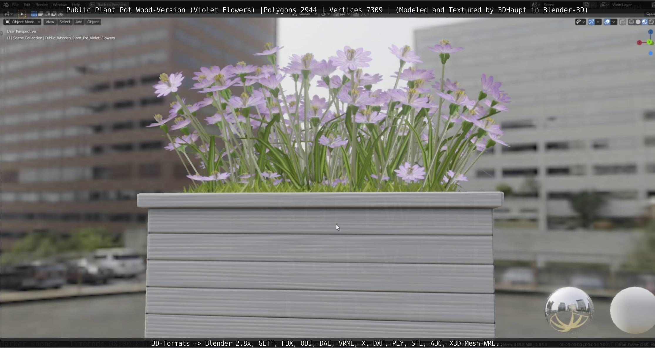 Public Plant Pot Wood-Version with Violet Flowers Low-poly 3D model_11