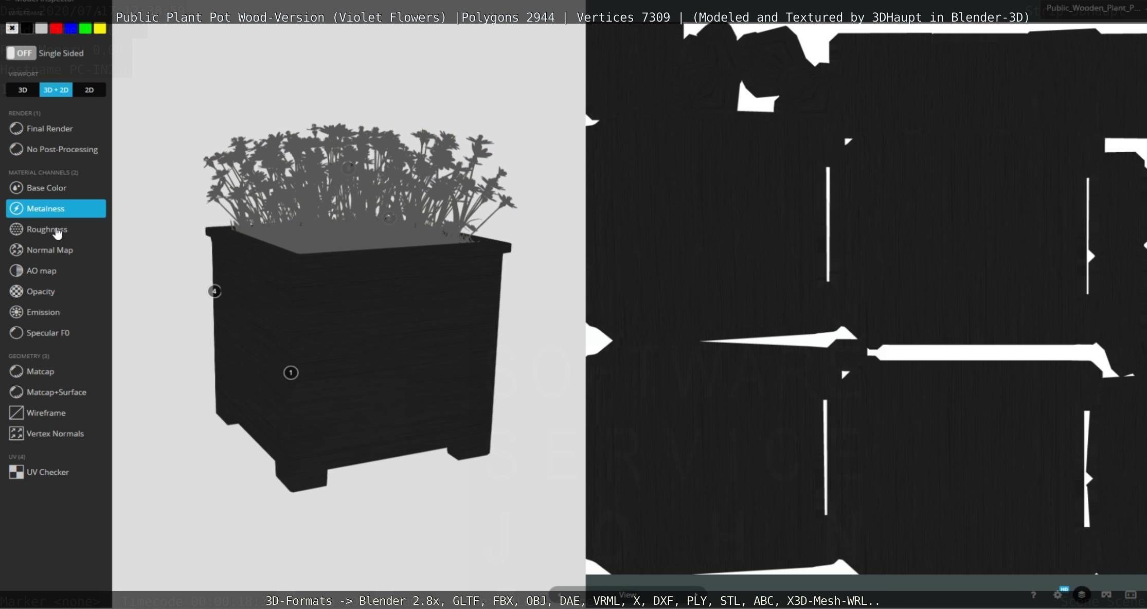 Public Plant Pot Wood-Version with Violet Flowers Low-poly 3D model_49