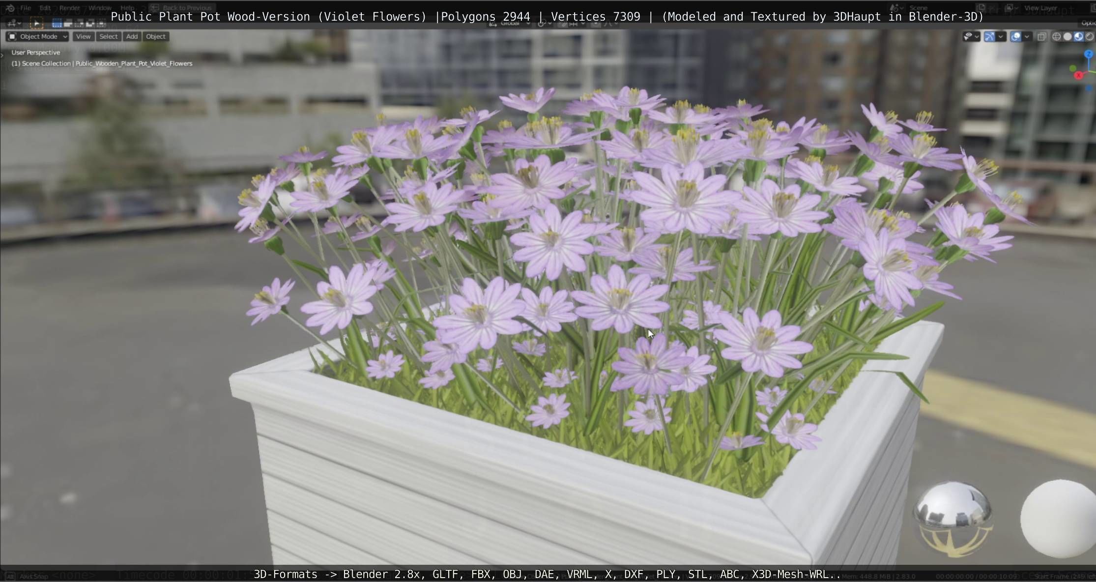 Public Plant Pot Wood-Version with Violet Flowers Low-poly 3D model_17