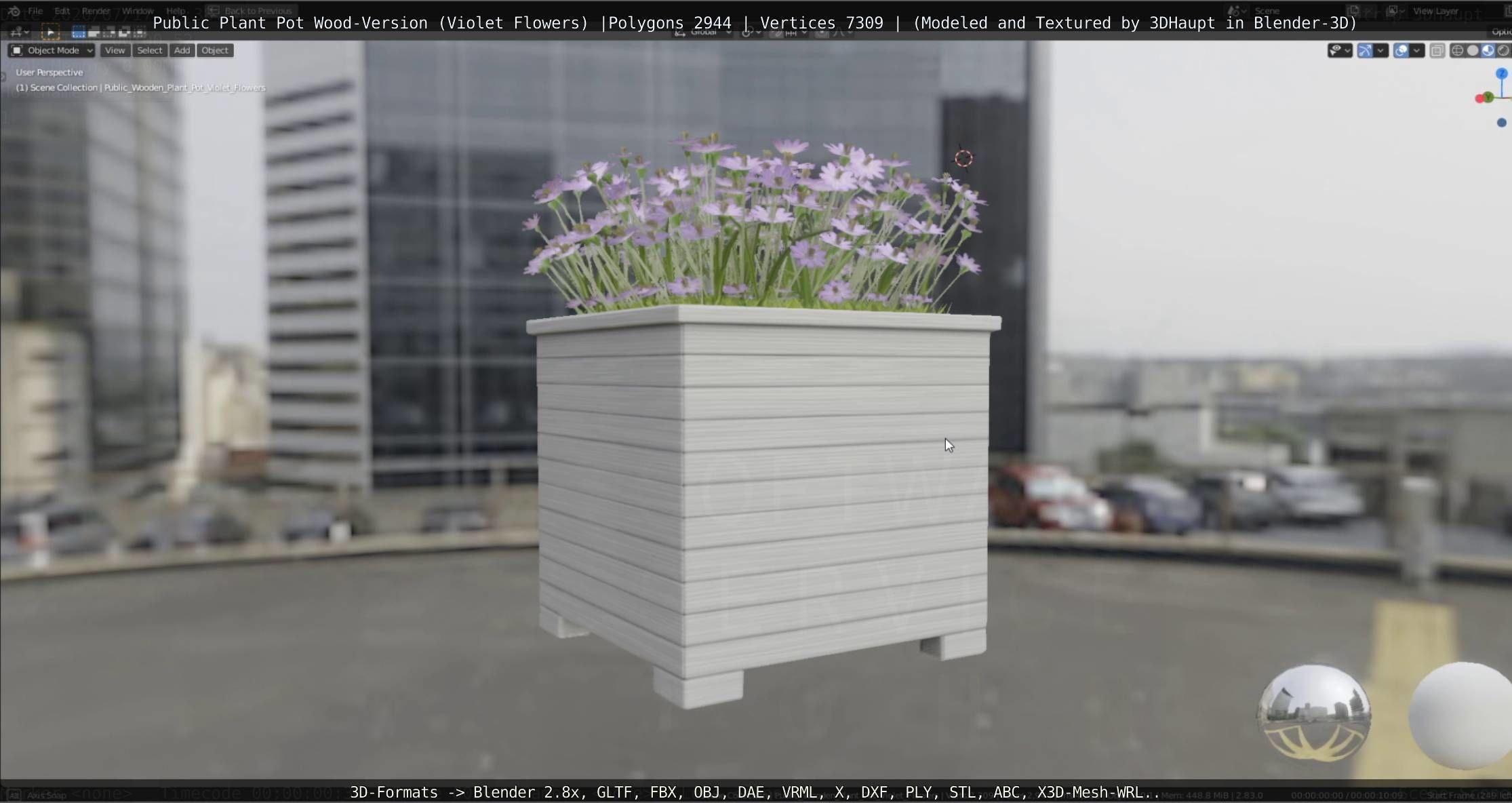 Public Plant Pot Wood-Version with Violet Flowers Low-poly 3D model_22