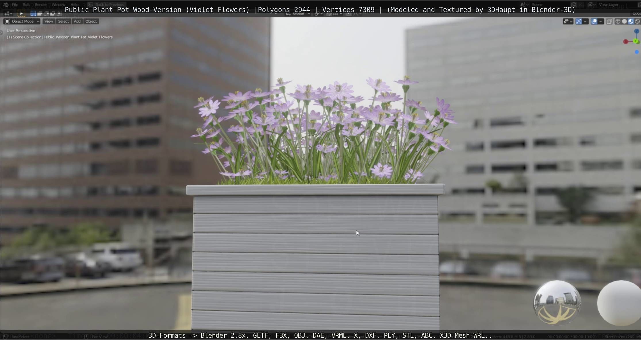 Public Plant Pot Wood-Version with Violet Flowers Low-poly 3D model_12