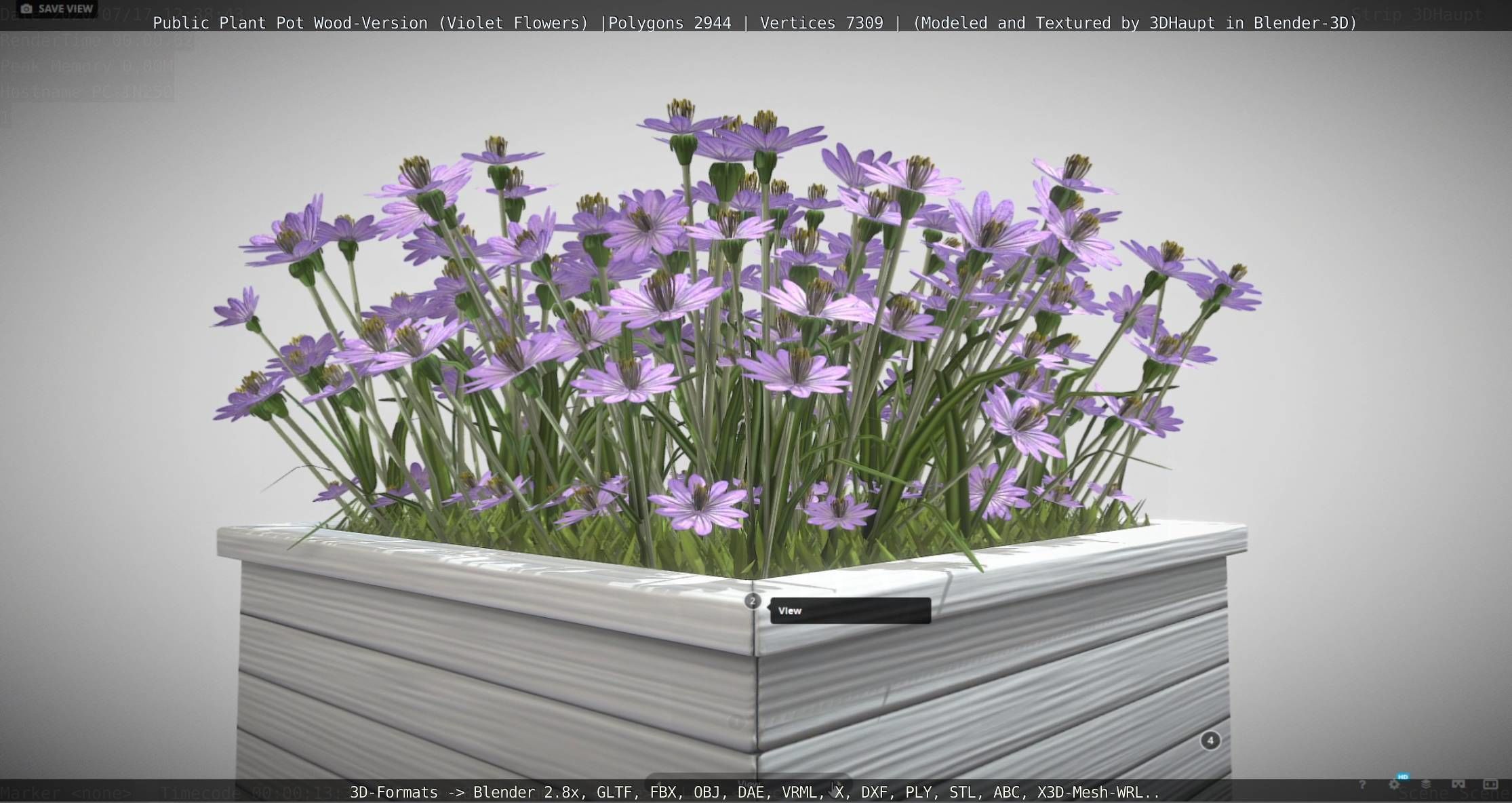 Public Plant Pot Wood-Version with Violet Flowers Low-poly 3D model_101