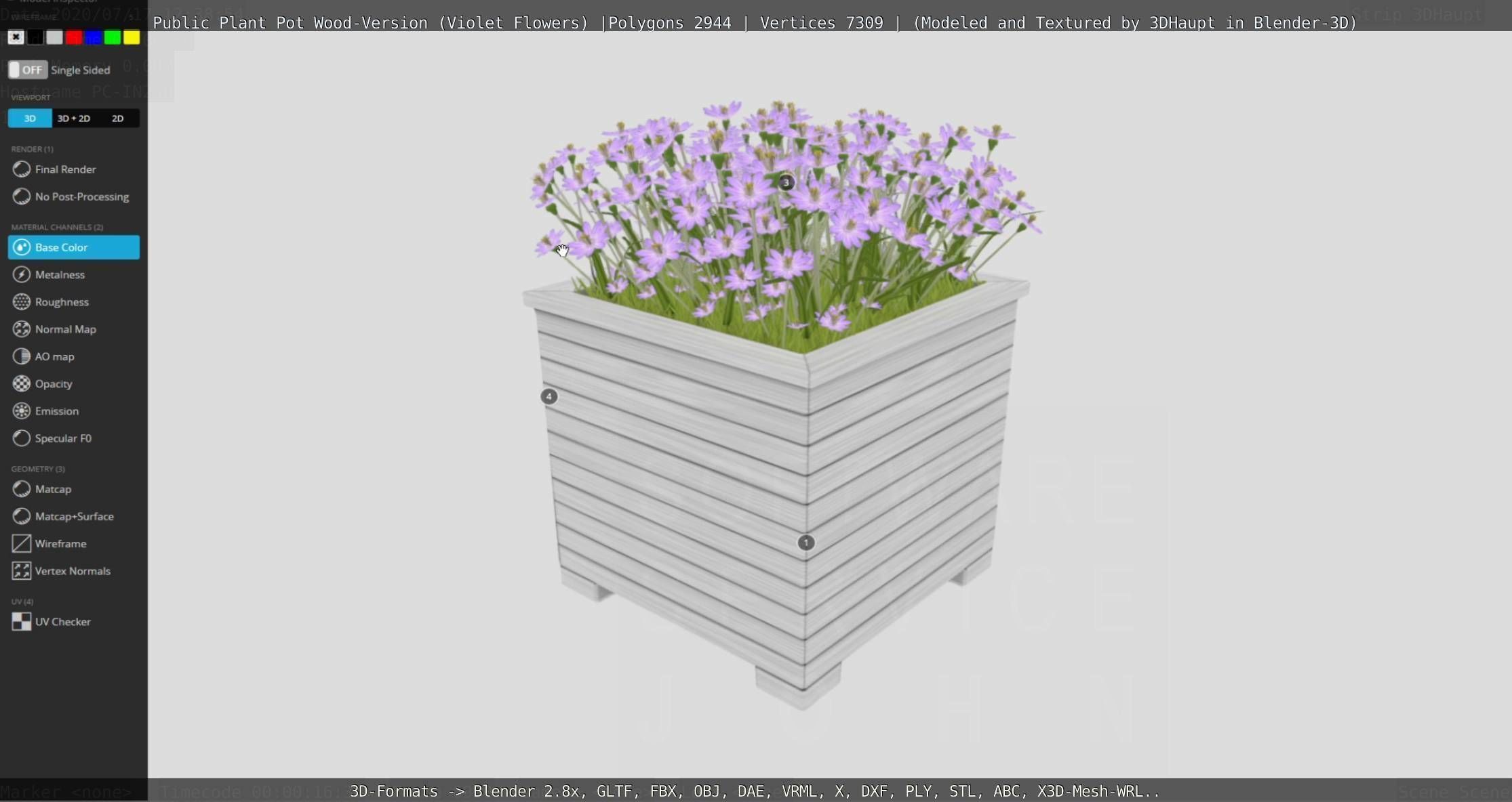 Public Plant Pot Wood-Version with Violet Flowers Low-poly 3D model_119