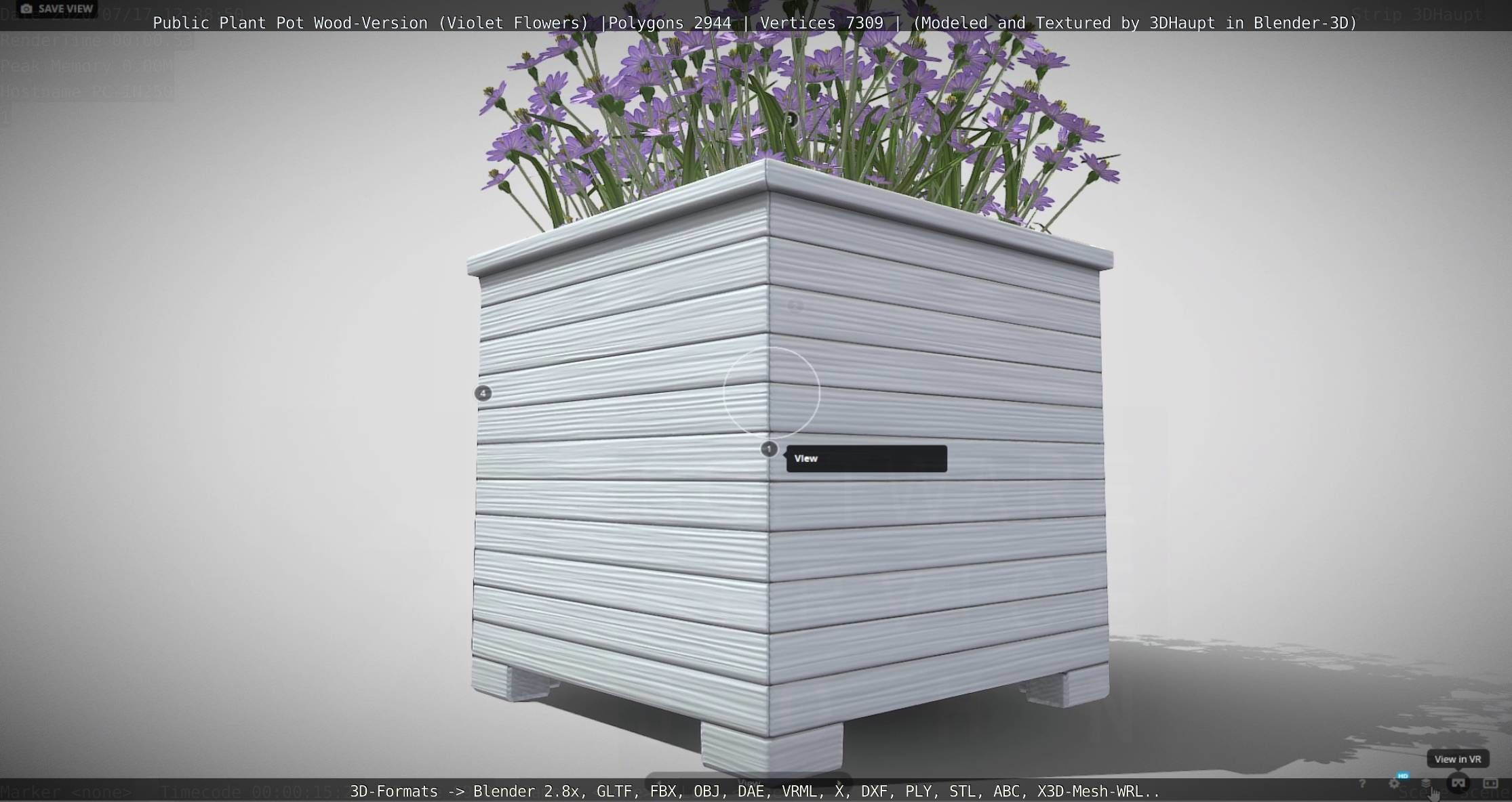 Public Plant Pot Wood-Version with Violet Flowers Low-poly 3D model_111