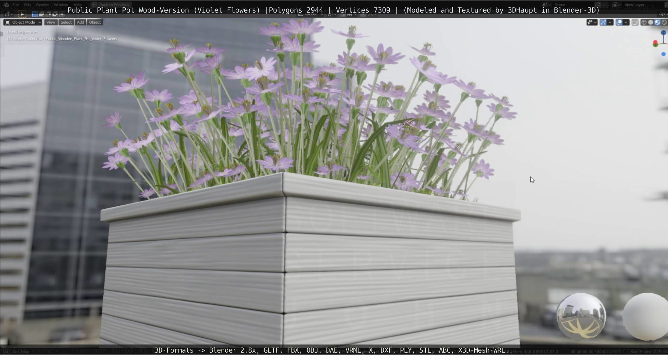 Public Plant Pot Wood-Version with Violet Flowers Low-poly 3D model_6