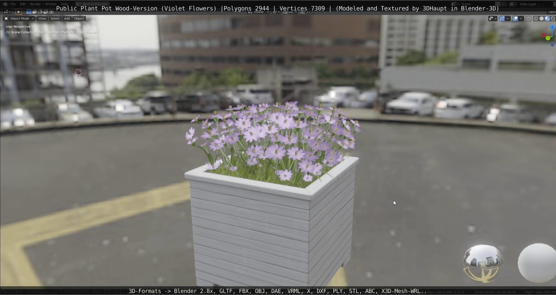 Public Plant Pot Wood-Version with Violet Flowers Low-poly 3D model_25