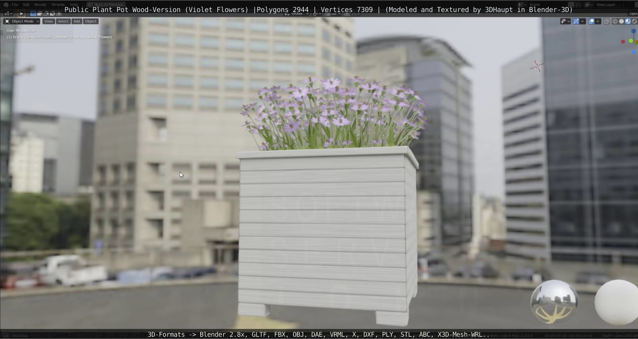 Public Plant Pot Wood-Version with Violet Flowers Low-poly 3D model_53