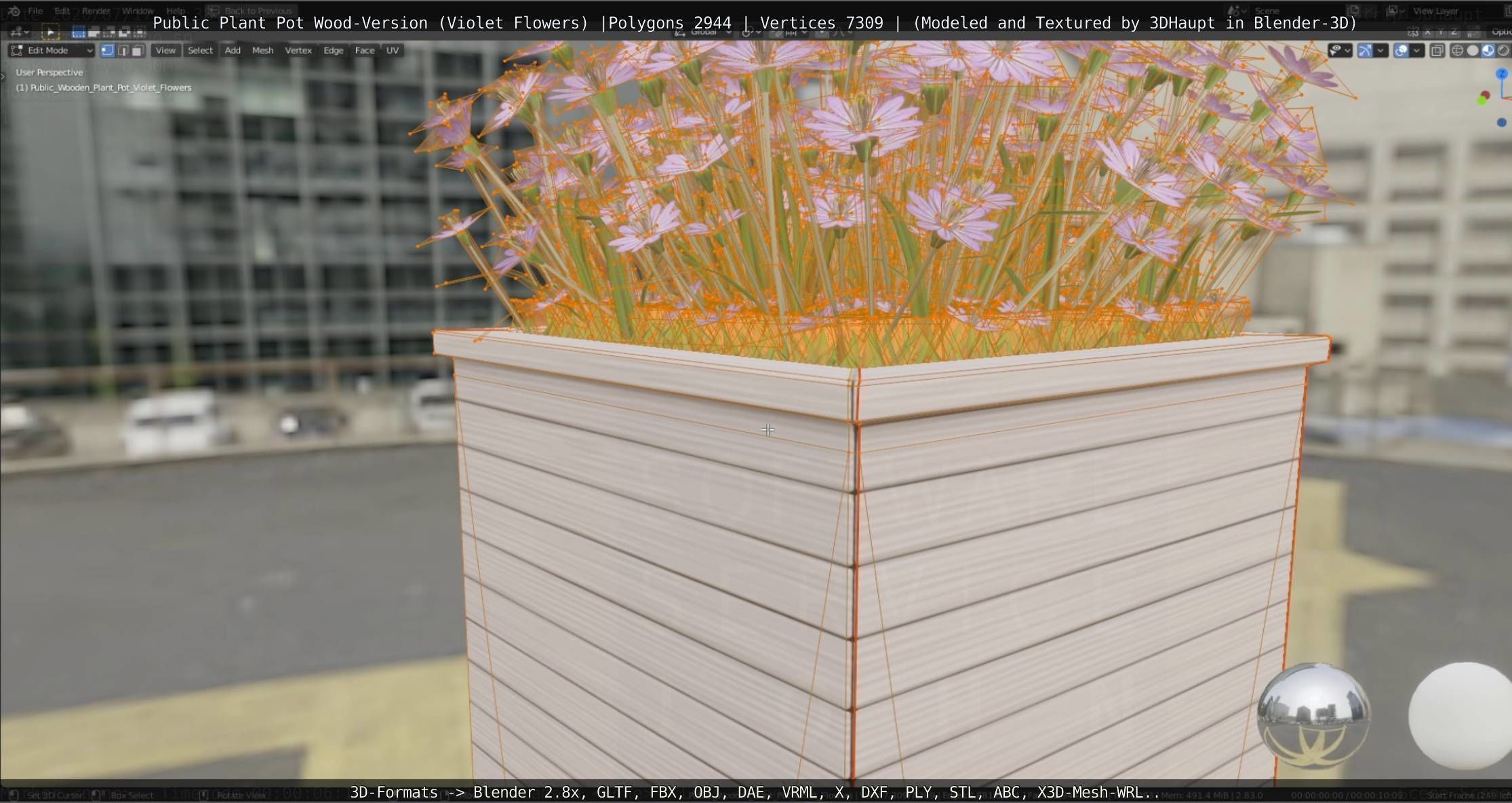Public Plant Pot Wood-Version with Violet Flowers Low-poly 3D model_58