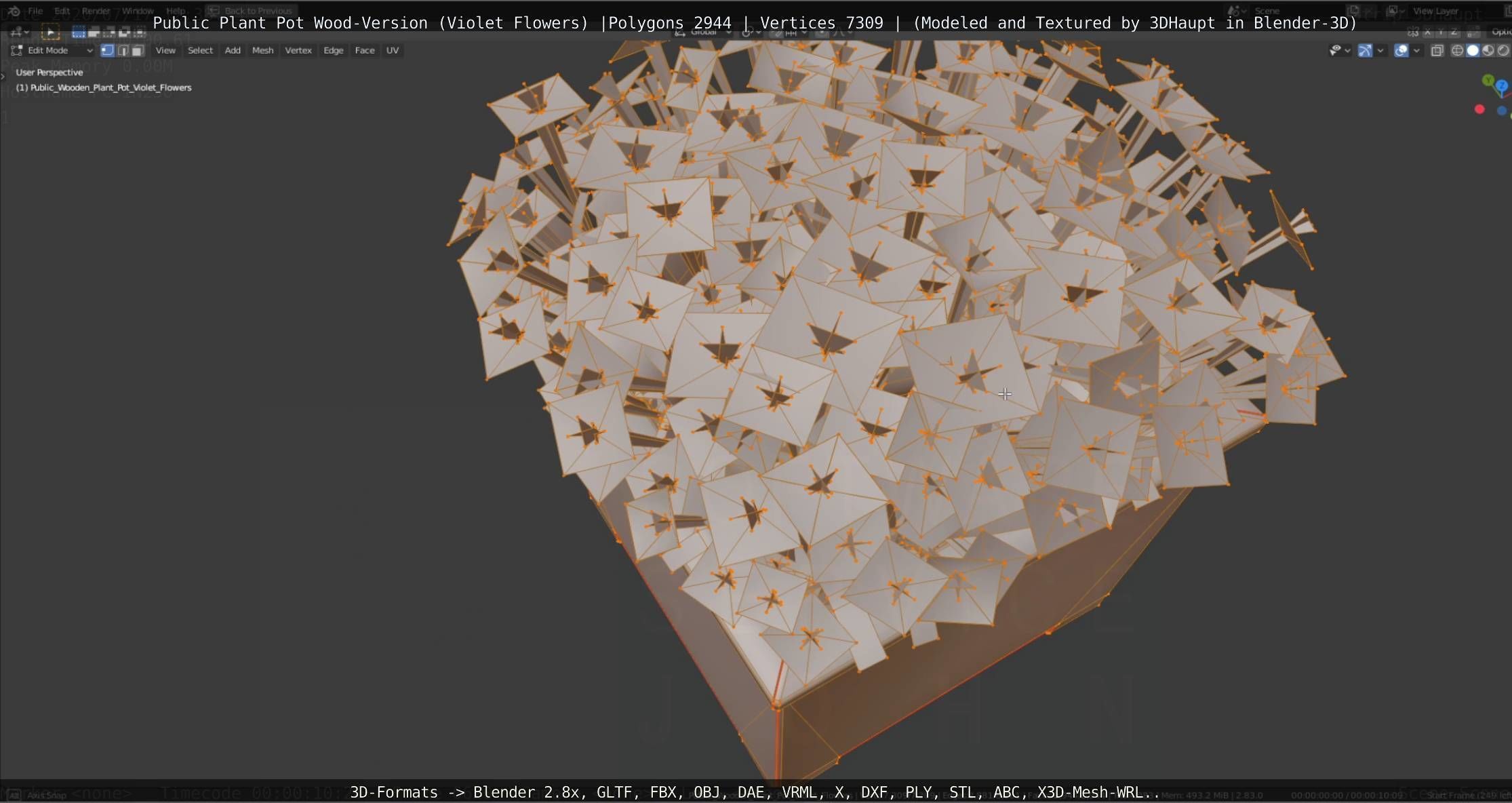 Public Plant Pot Wood-Version with Violet Flowers Low-poly 3D model_80