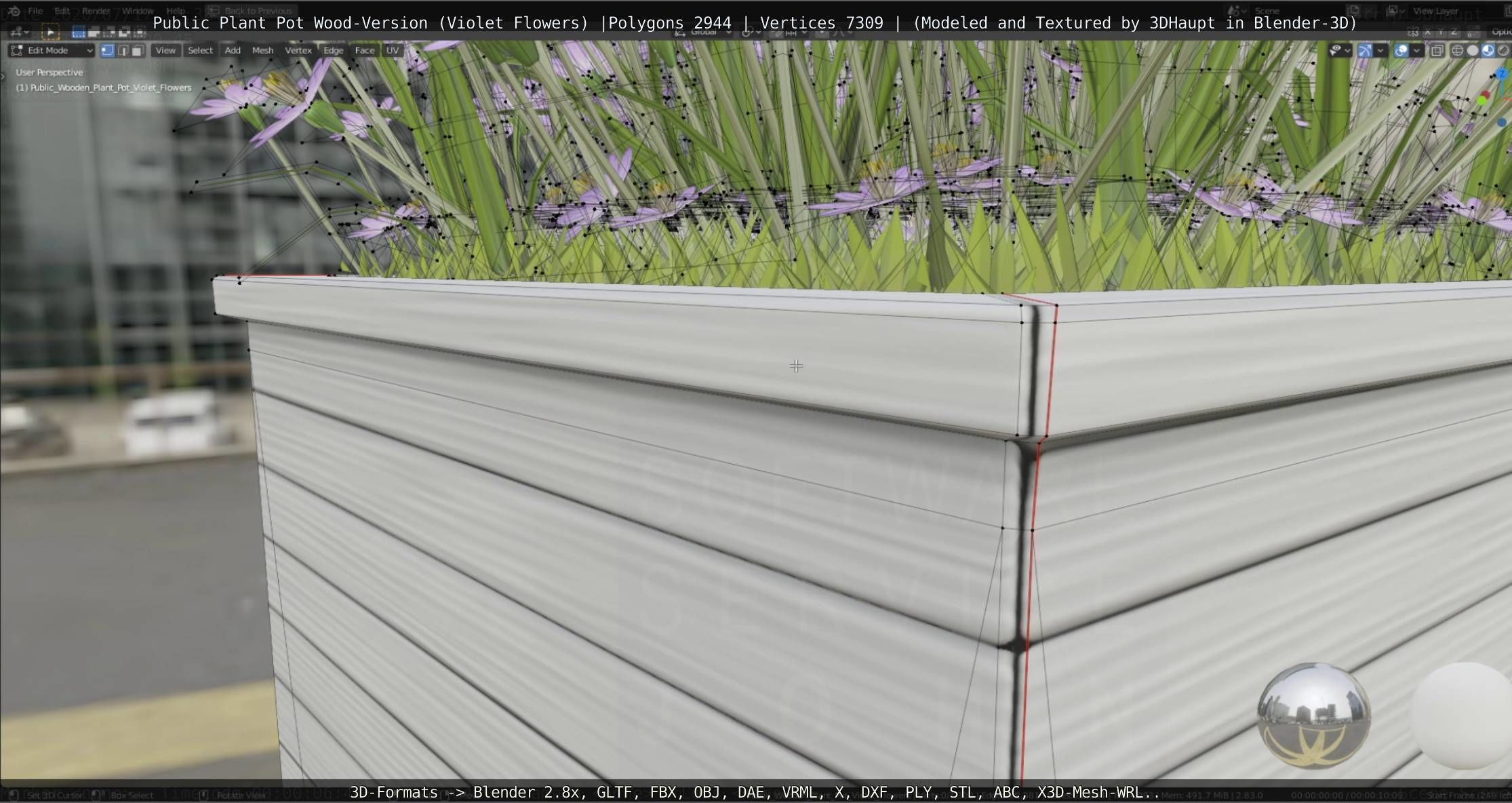 Public Plant Pot Wood-Version with Violet Flowers Low-poly 3D model_57