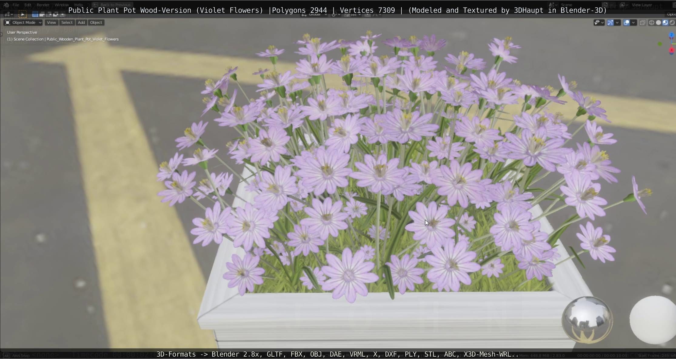 Public Plant Pot Wood-Version with Violet Flowers Low-poly 3D model_30