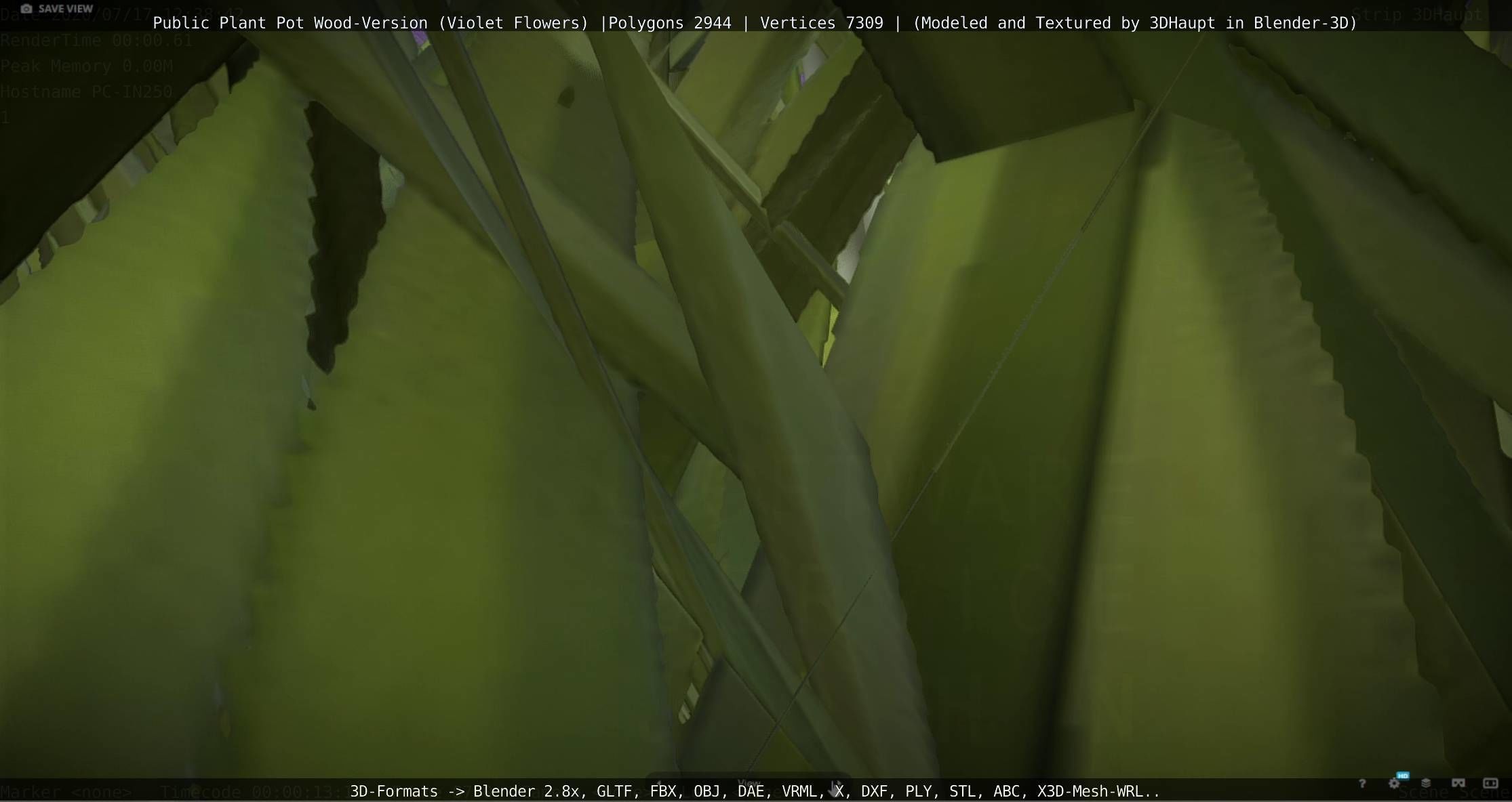 Public Plant Pot Wood-Version with Violet Flowers Low-poly 3D model_99