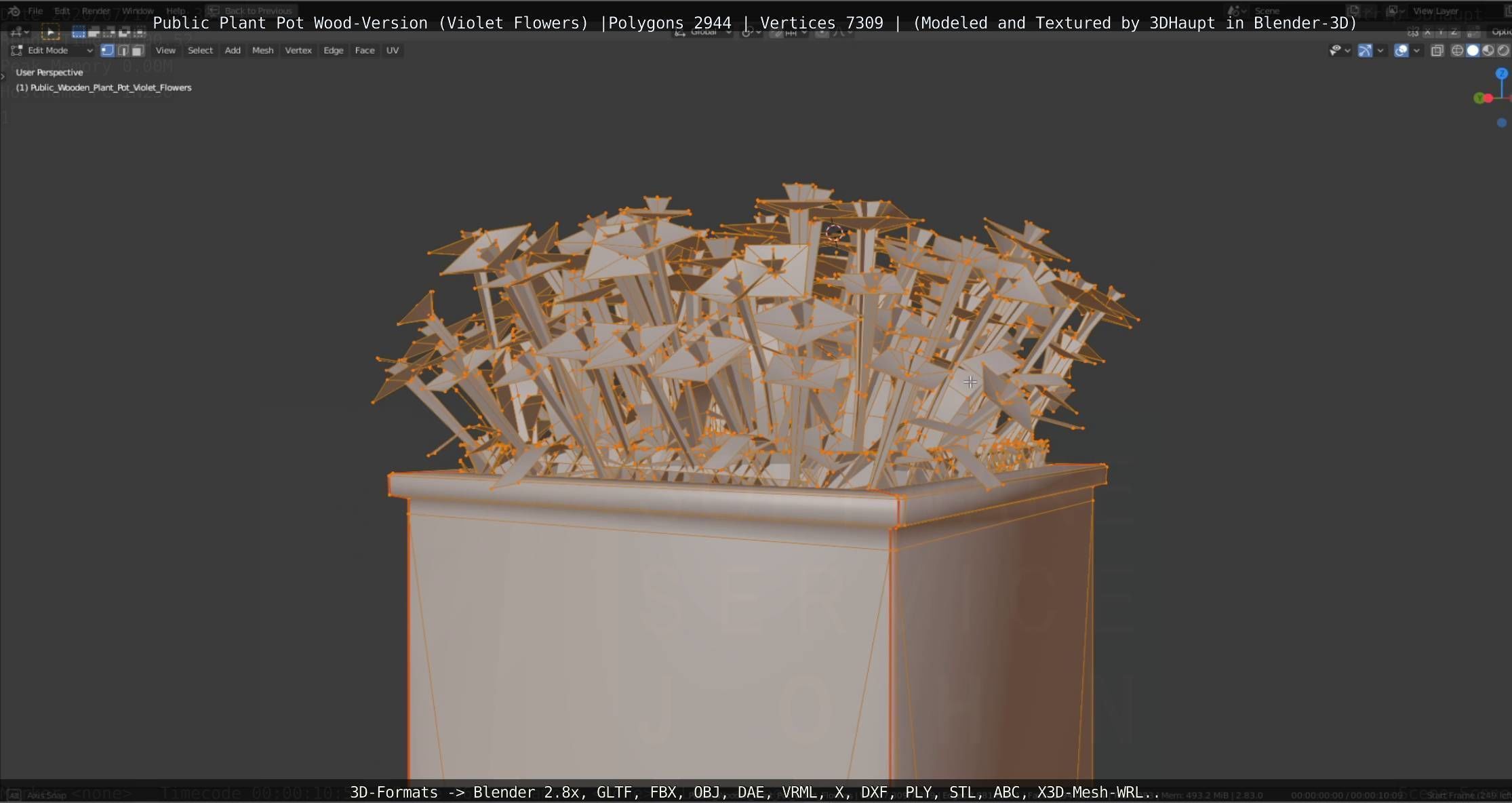 Public Plant Pot Wood-Version with Violet Flowers Low-poly 3D model_85