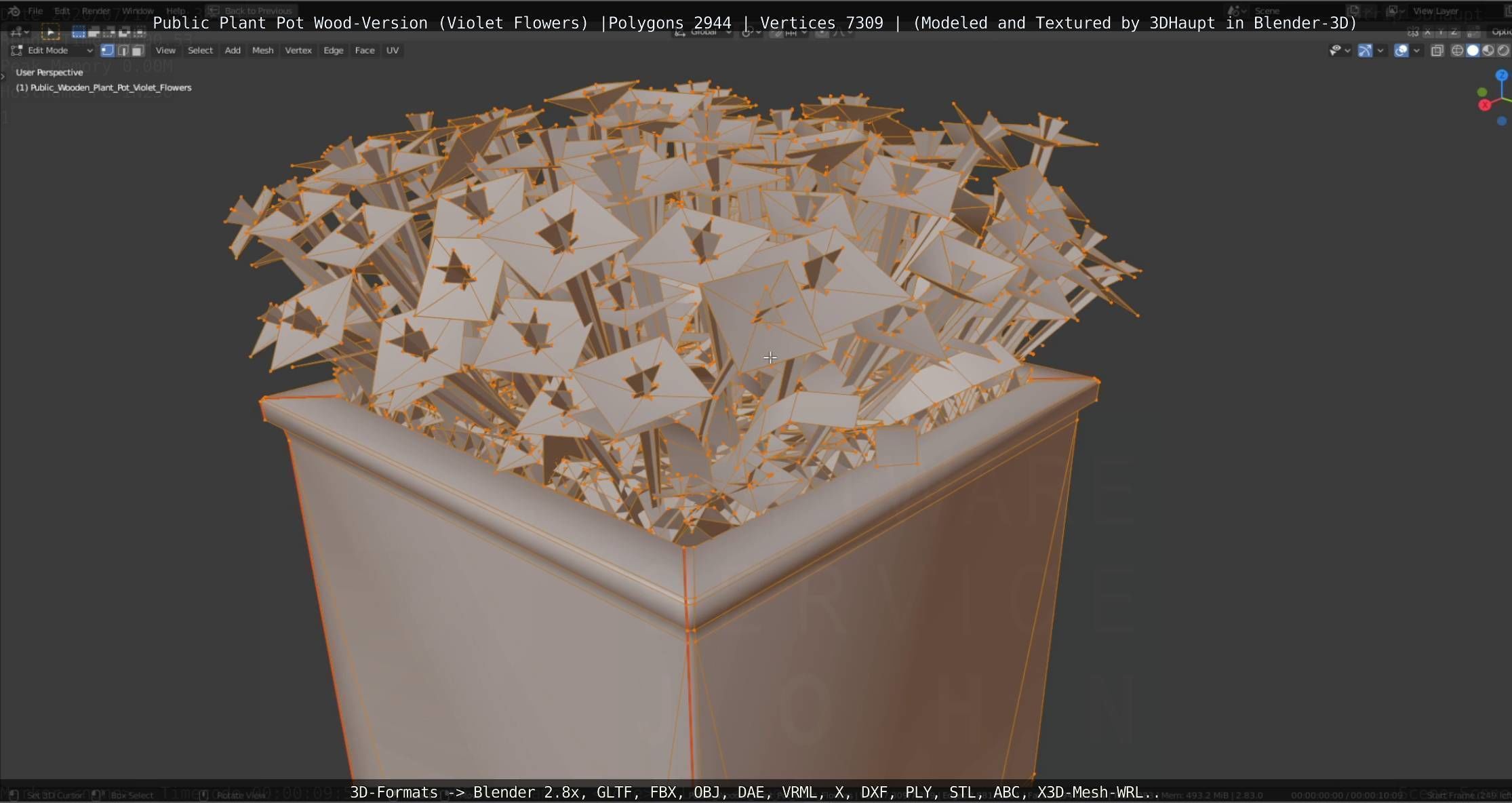 Public Plant Pot Wood-Version with Violet Flowers Low-poly 3D model_79