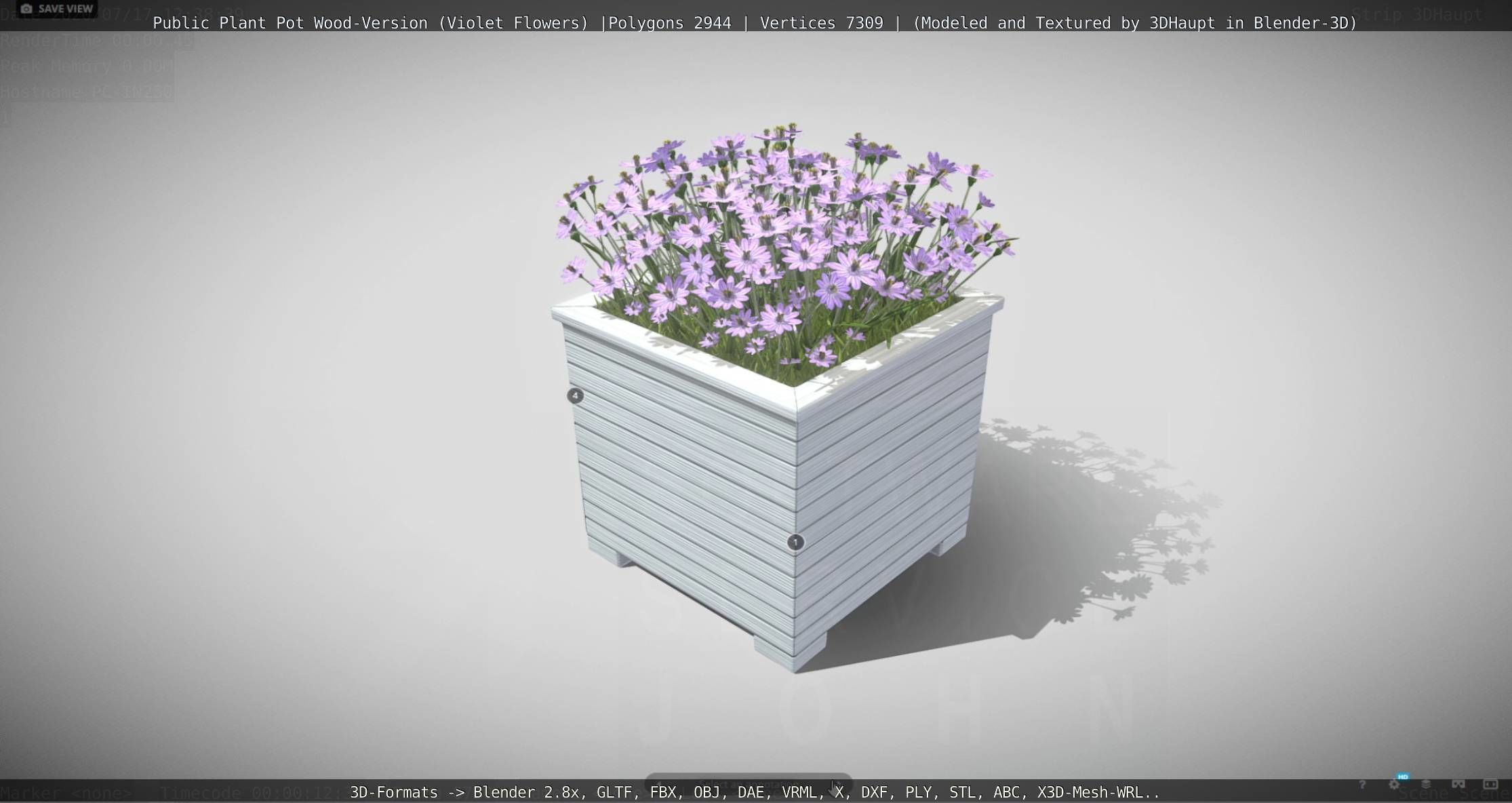 Public Plant Pot Wood-Version with Violet Flowers Low-poly 3D model_91