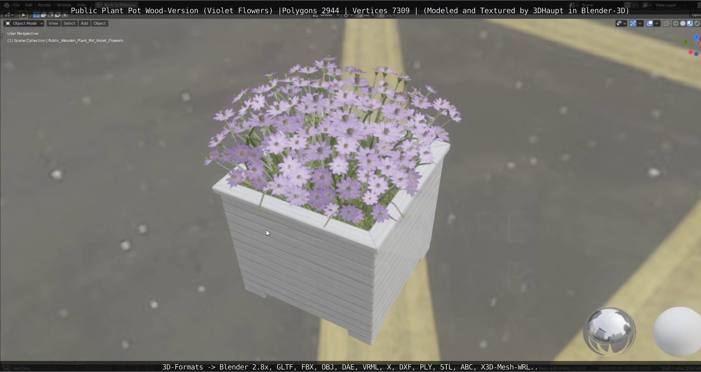 Public Plant Pot Wood-Version with Violet Flowers Low-poly 3D model_20