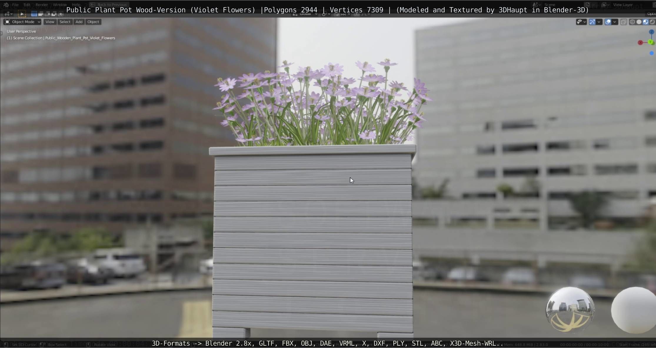 Public Plant Pot Wood-Version with Violet Flowers Low-poly 3D model_13