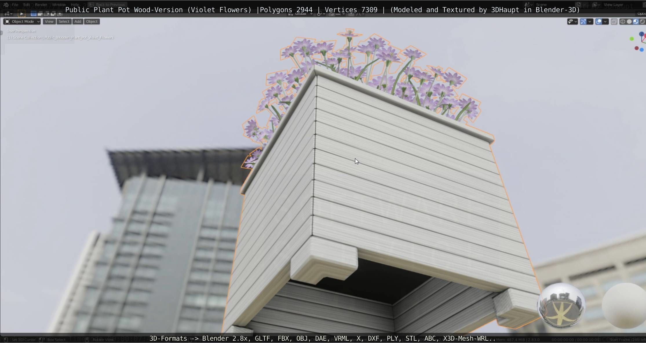 Public Plant Pot Wood-Version with Violet Flowers Low-poly 3D model_67