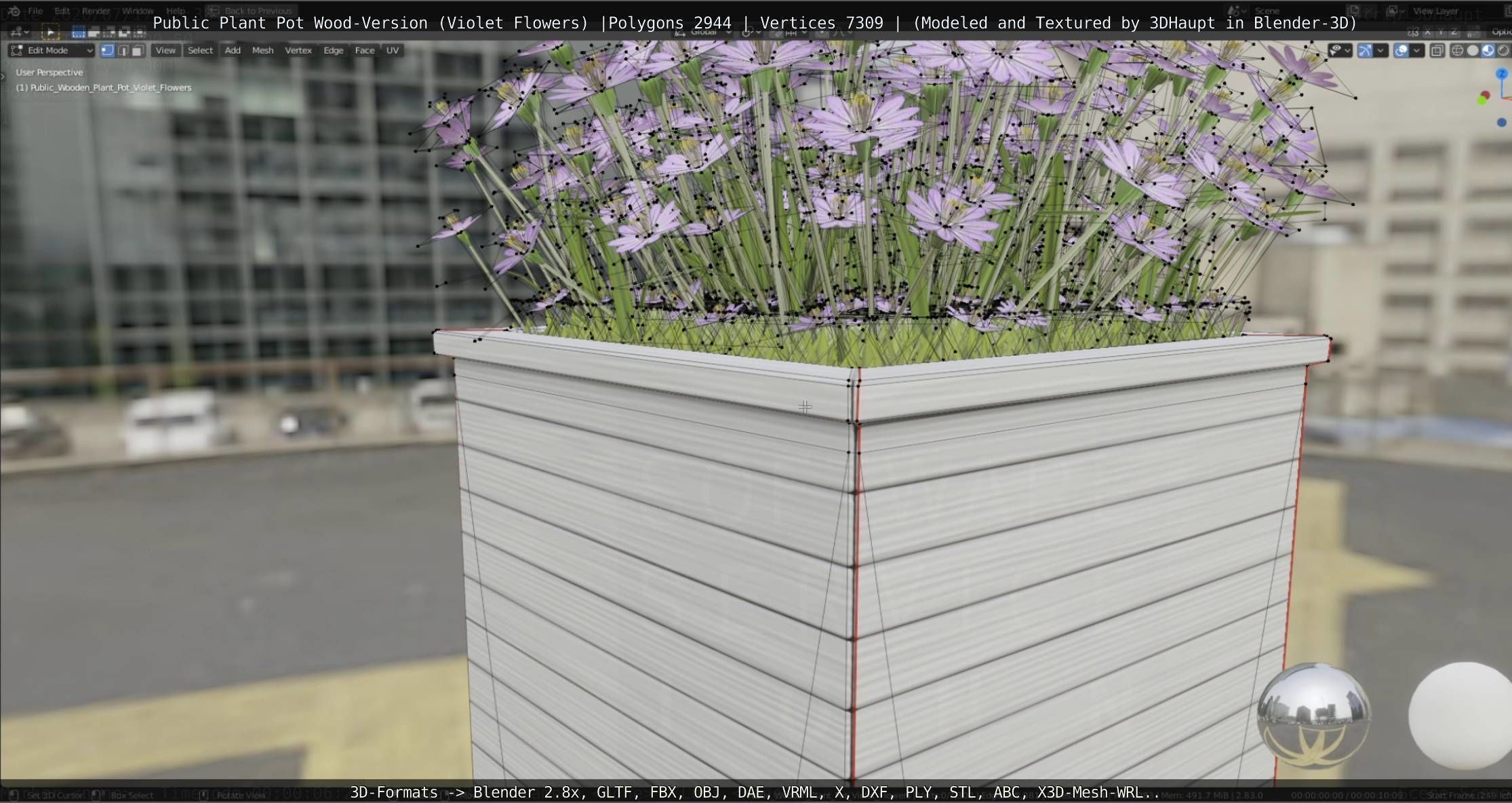Public Plant Pot Wood-Version with Violet Flowers Low-poly 3D model_59