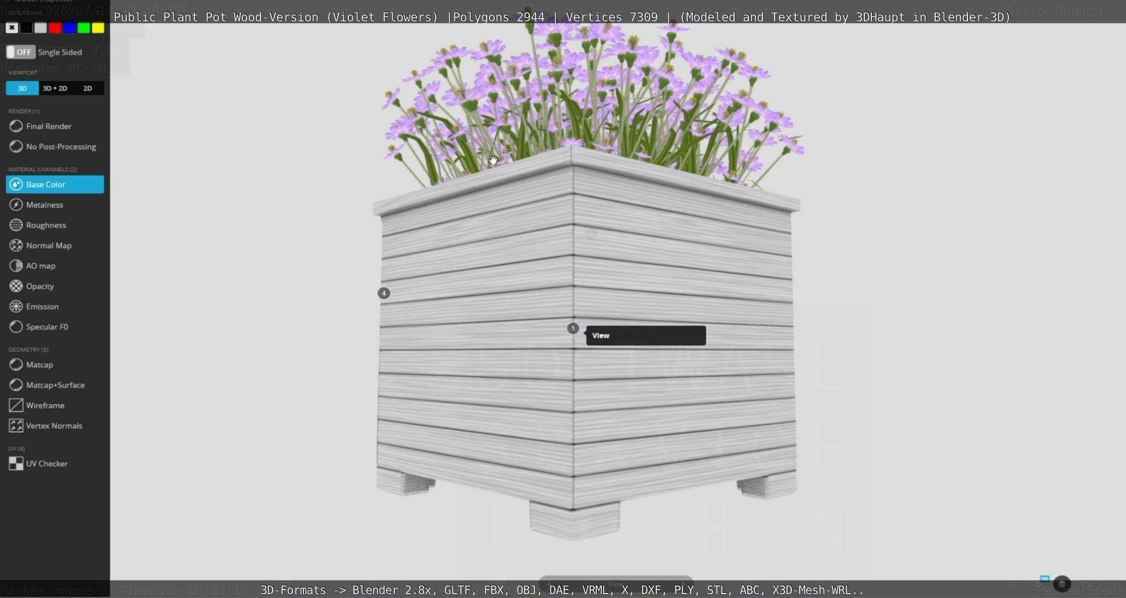Public Plant Pot Wood-Version with Violet Flowers Low-poly 3D model_118