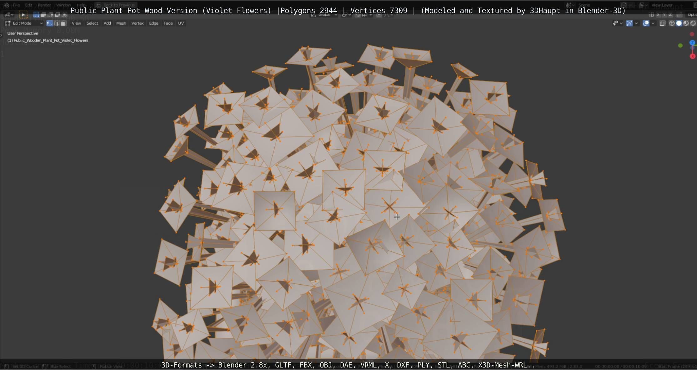 Public Plant Pot Wood-Version with Violet Flowers Low-poly 3D model_81