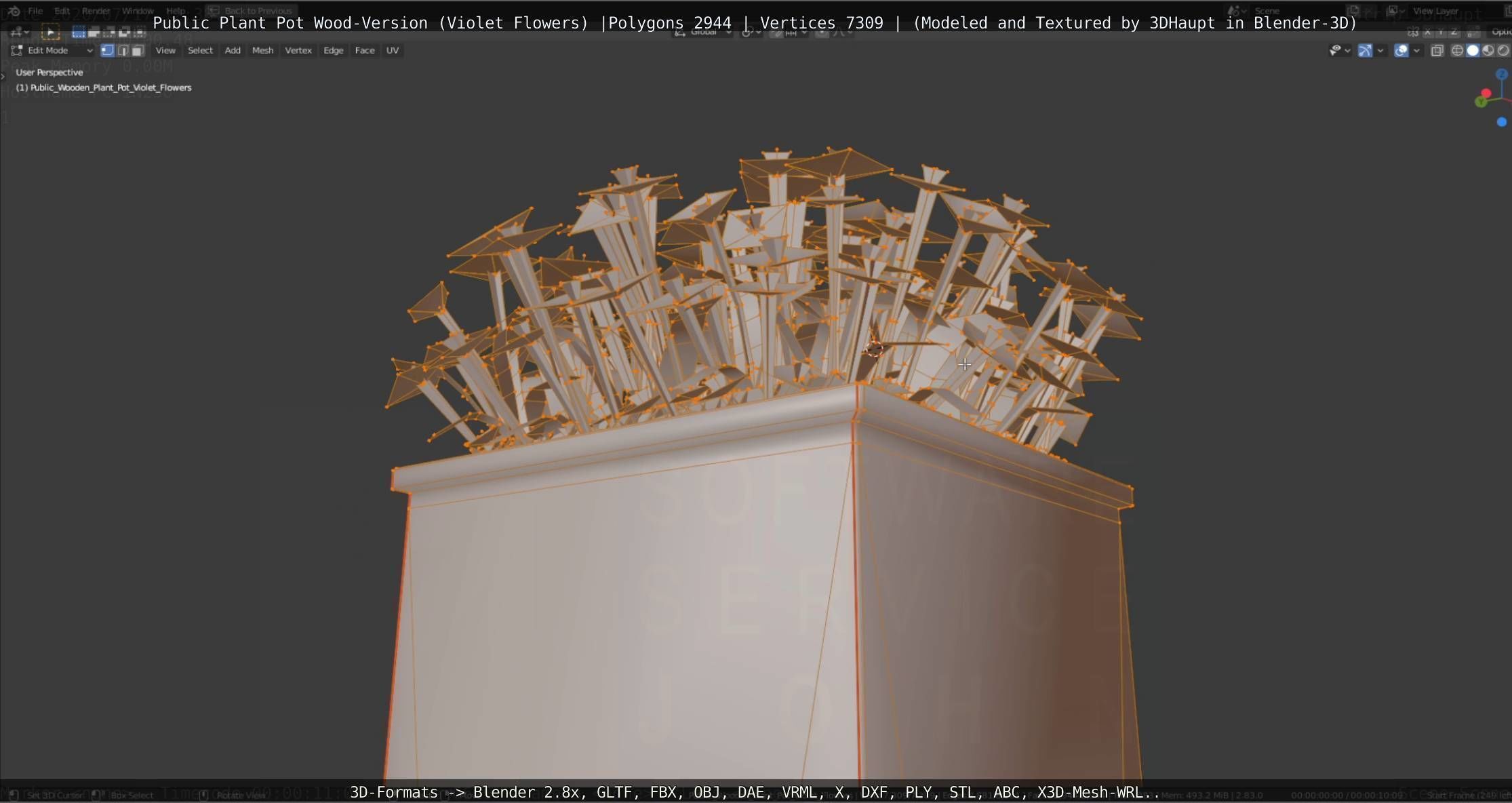 Public Plant Pot Wood-Version with Violet Flowers Low-poly 3D model_90