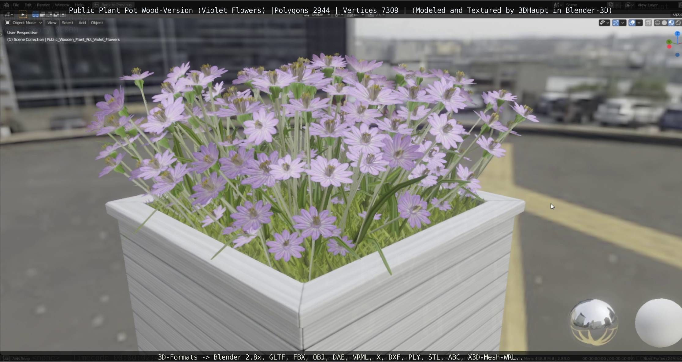 Public Plant Pot Wood-Version with Violet Flowers Low-poly 3D model_3