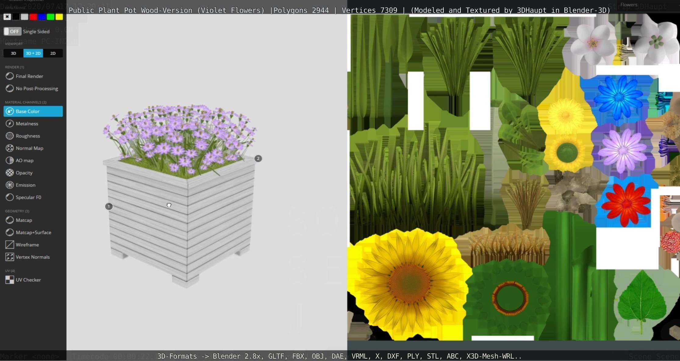 Public Plant Pot Wood-Version with Violet Flowers Low-poly 3D model_34