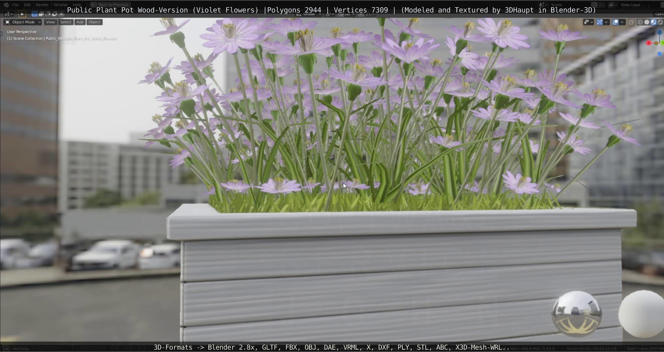 Public Plant Pot Wood-Version with Violet Flowers Low-poly 3D model_9