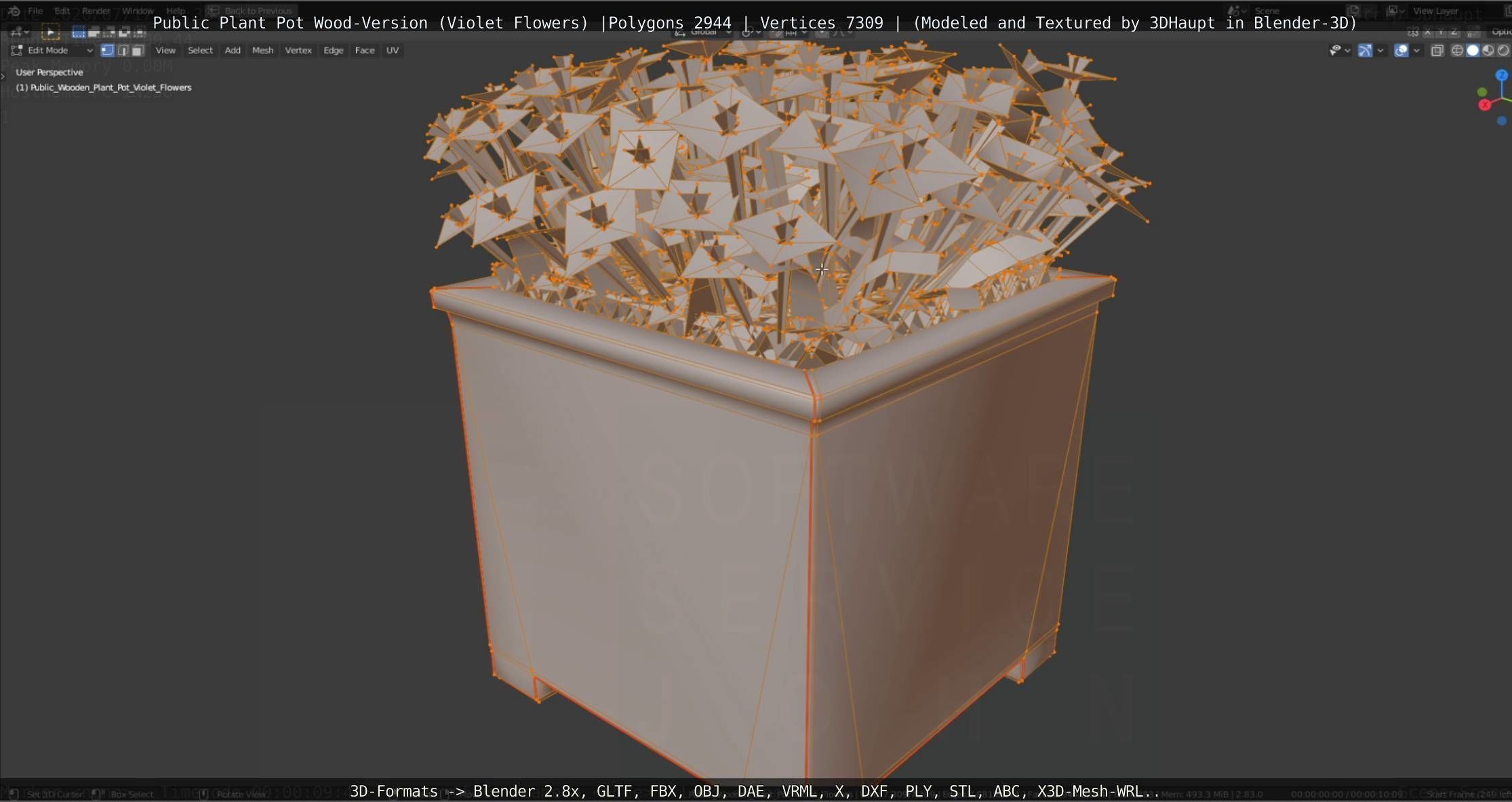 Public Plant Pot Wood-Version with Violet Flowers Low-poly 3D model_78