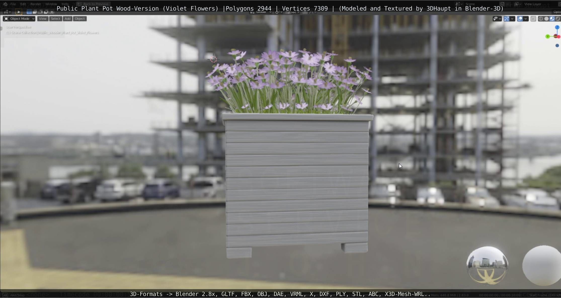 Public Plant Pot Wood-Version with Violet Flowers Low-poly 3D model_24