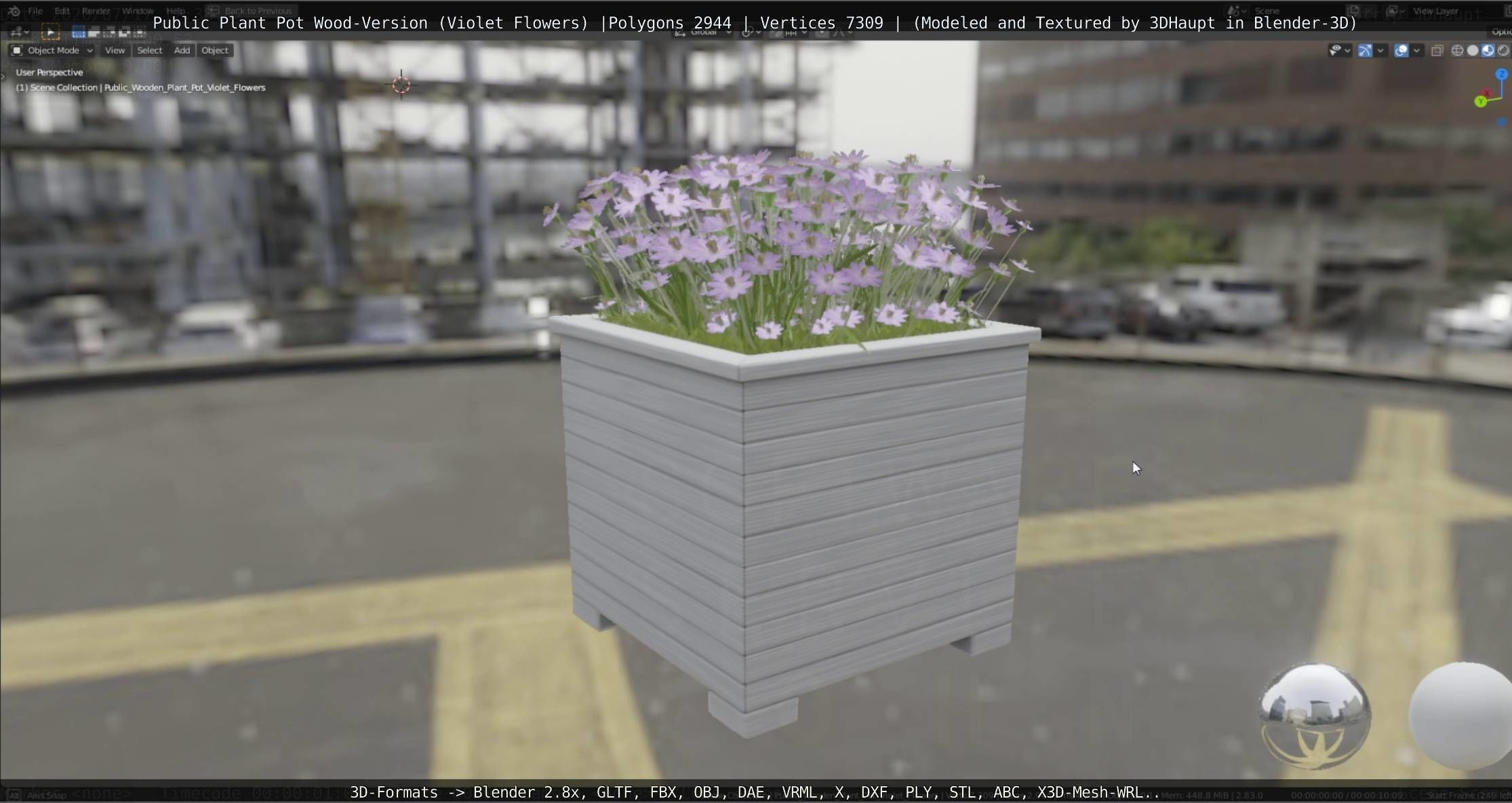 Public Plant Pot Wood-Version with Violet Flowers Low-poly 3D model_26