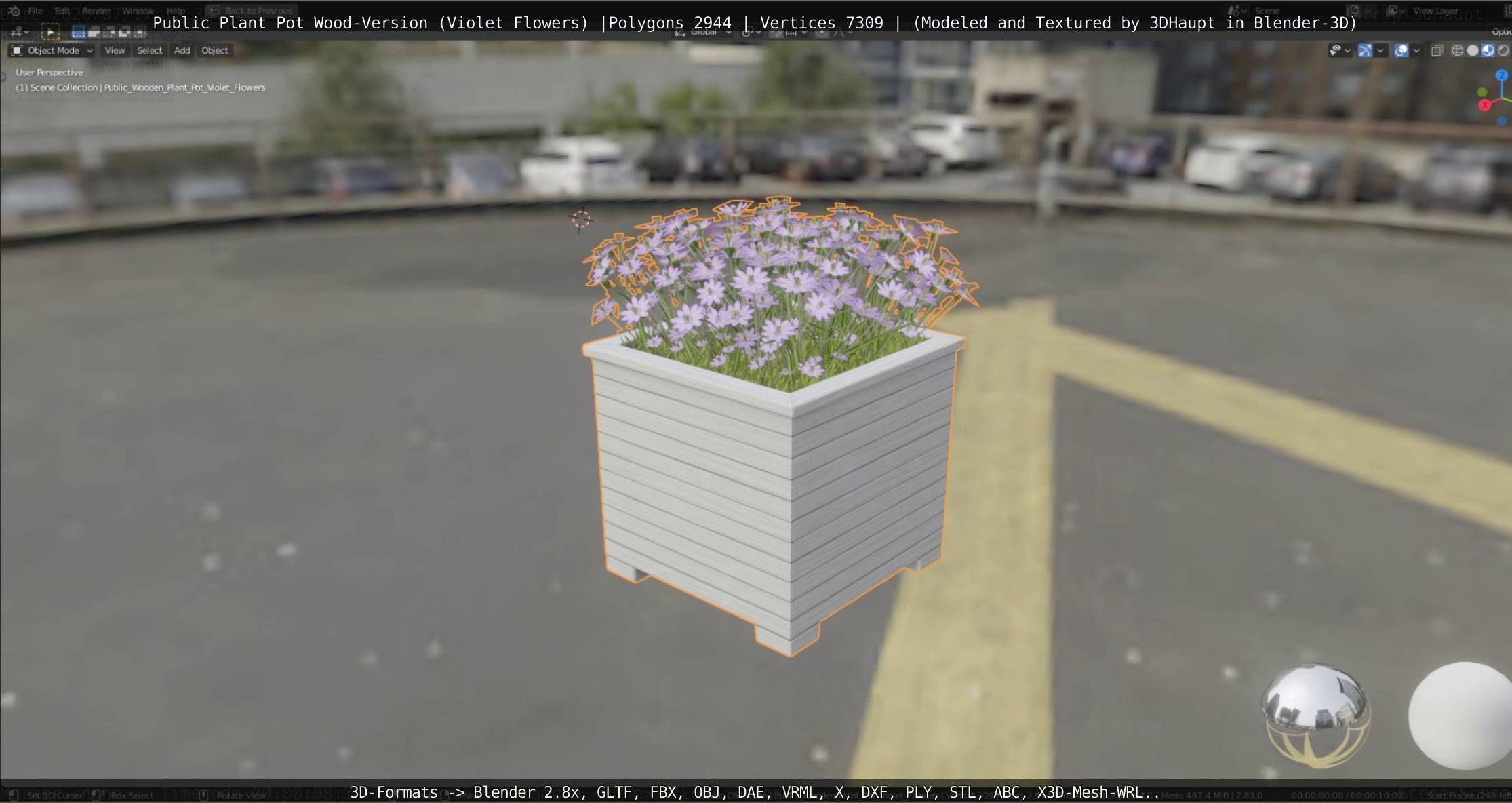 Public Plant Pot Wood-Version with Violet Flowers Low-poly 3D model_71