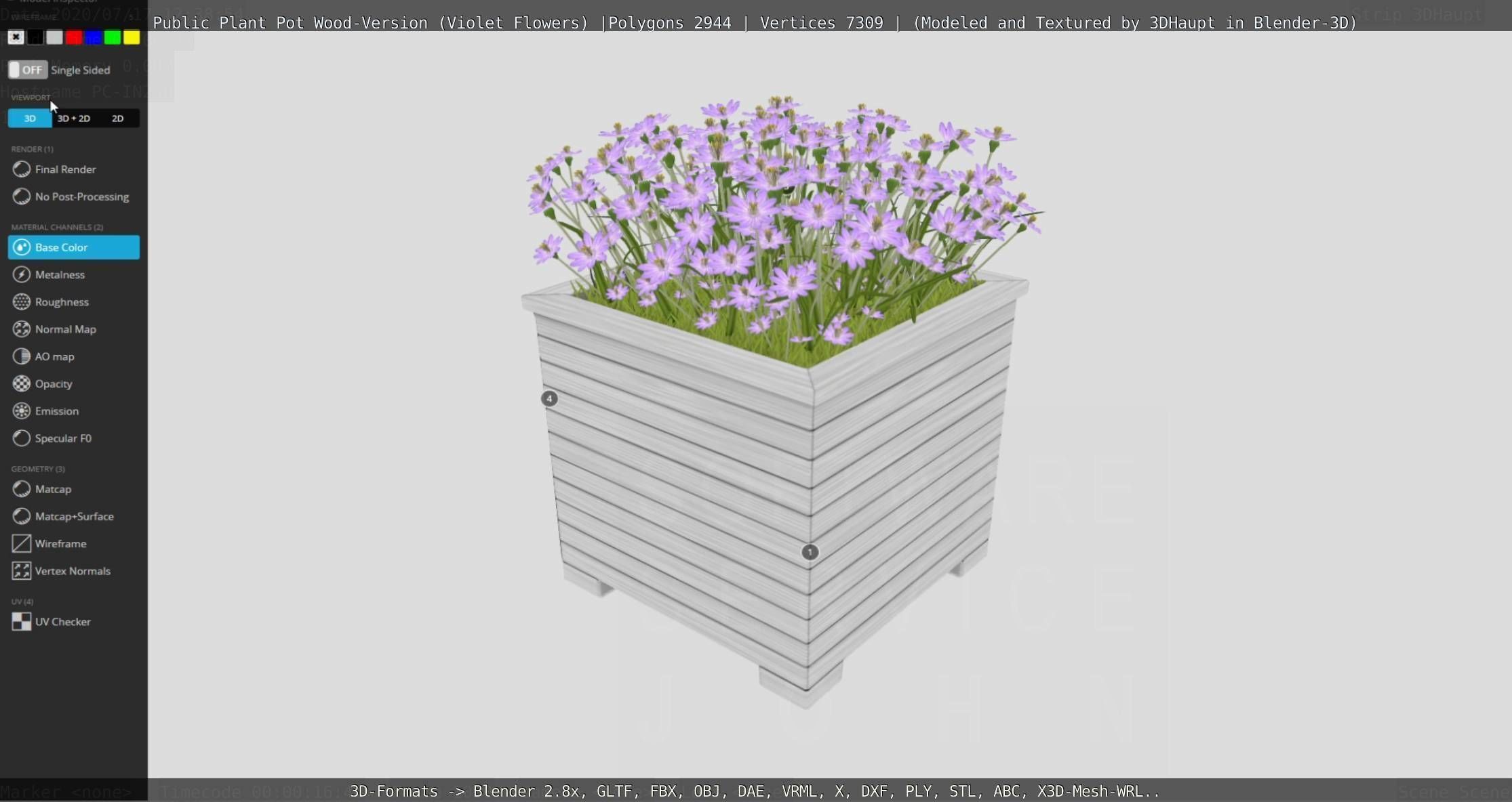 Public Plant Pot Wood-Version with Violet Flowers Low-poly 3D model_120