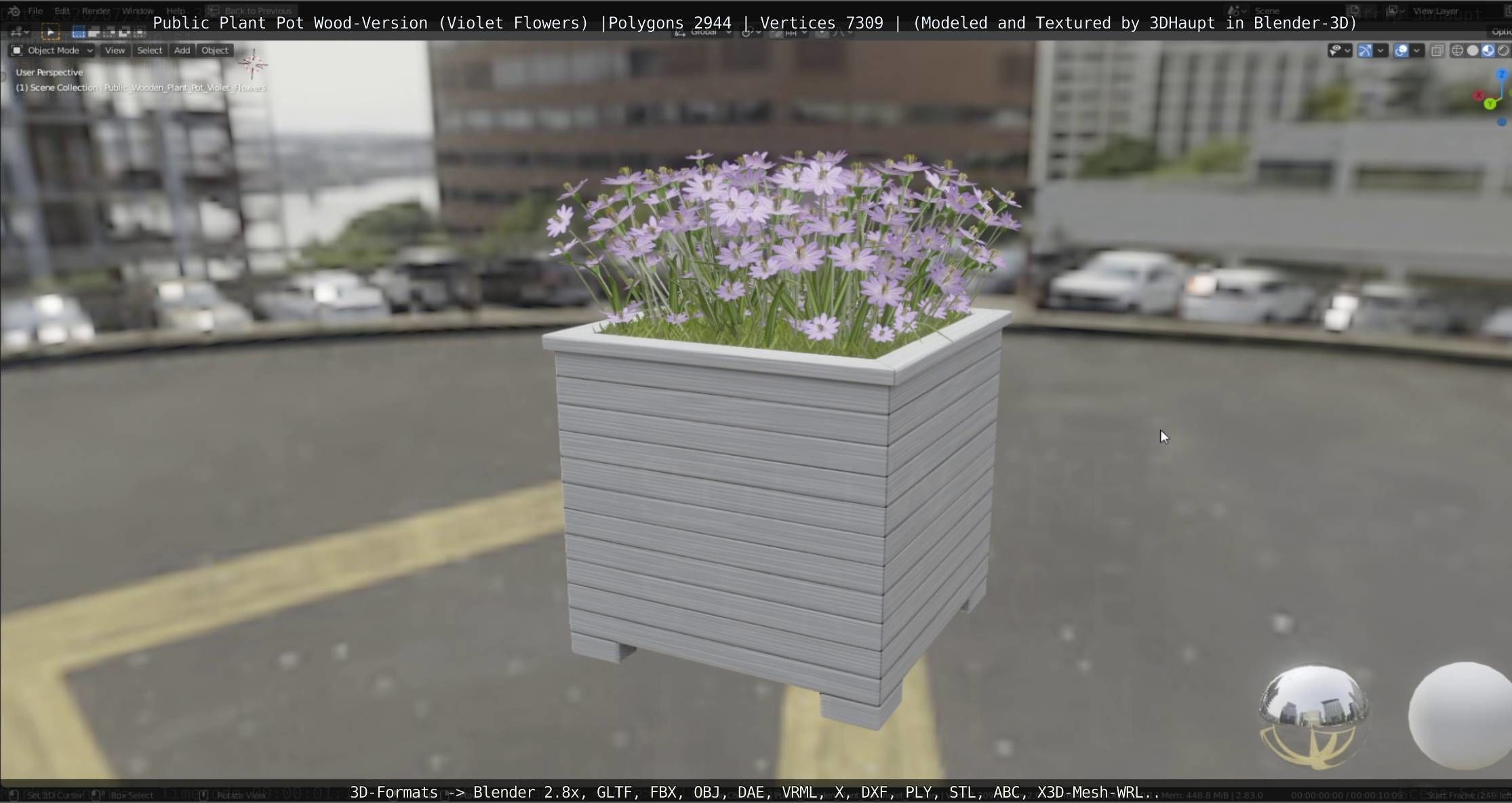Public Plant Pot Wood-Version with Violet Flowers Low-poly 3D model_27