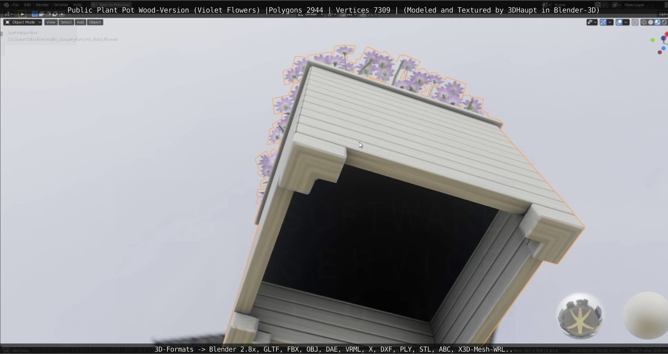 Public Plant Pot Wood-Version with Violet Flowers Low-poly 3D model_65