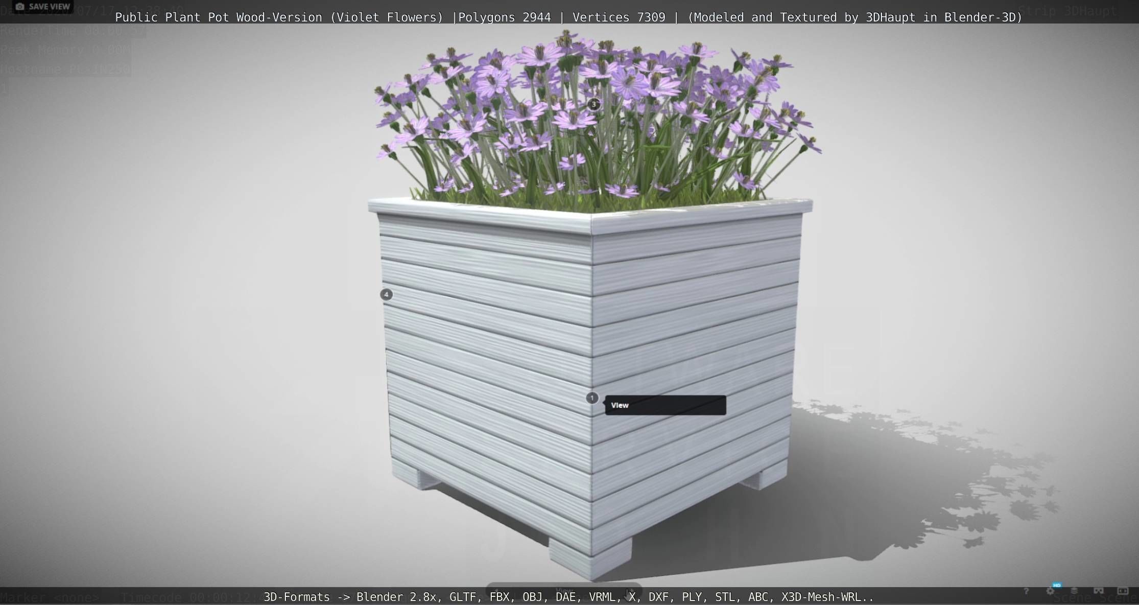 Public Plant Pot Wood-Version with Violet Flowers Low-poly 3D model_95