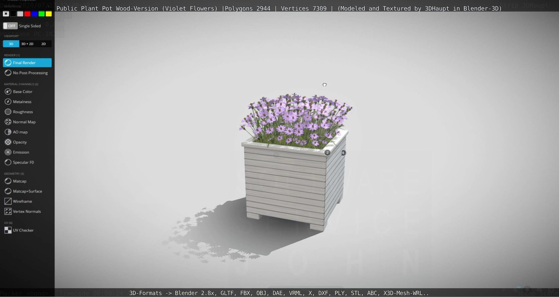 Public Plant Pot Wood-Version with Violet Flowers Low-poly 3D model_37