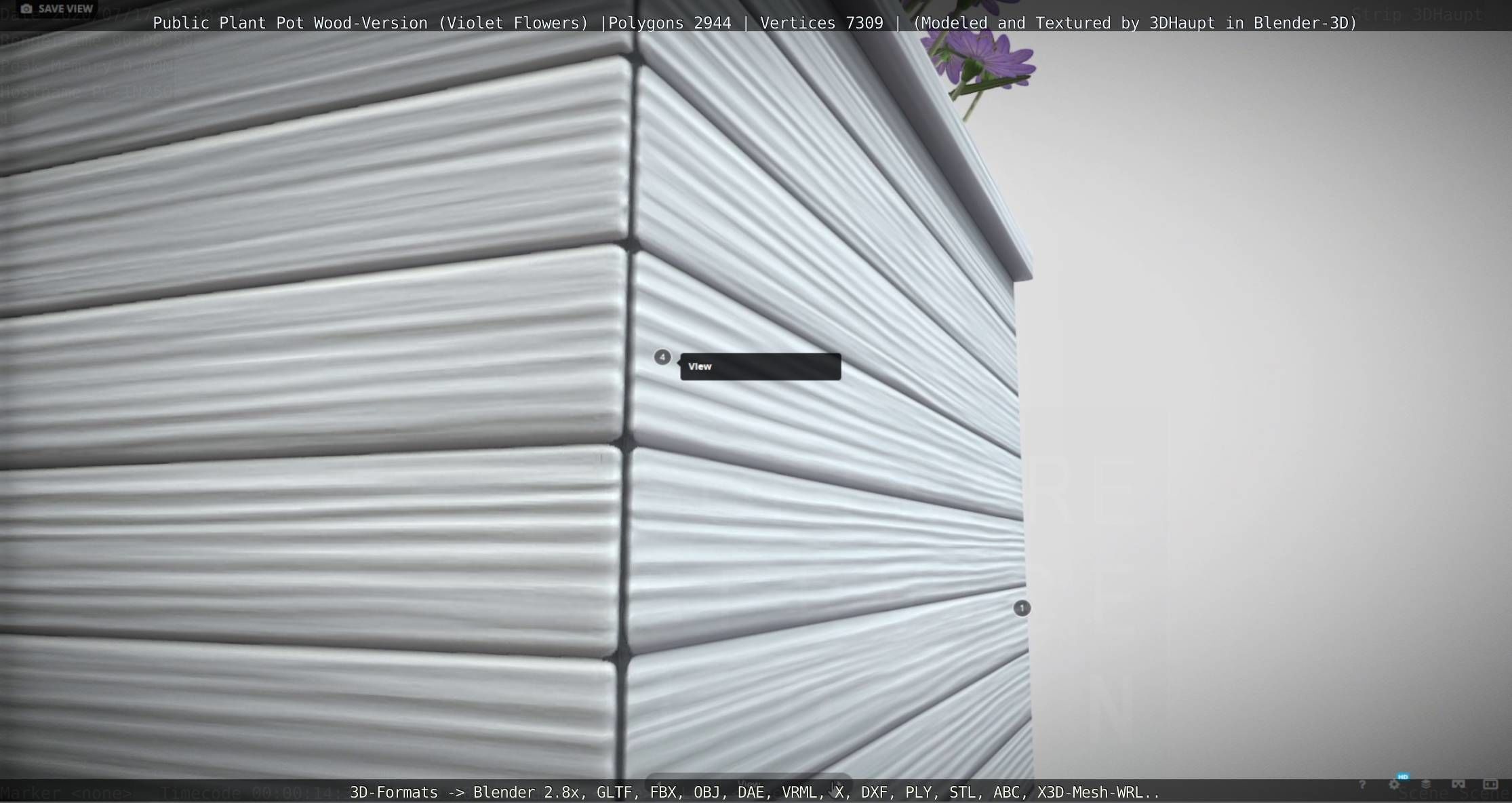 Public Plant Pot Wood-Version with Violet Flowers Low-poly 3D model_107