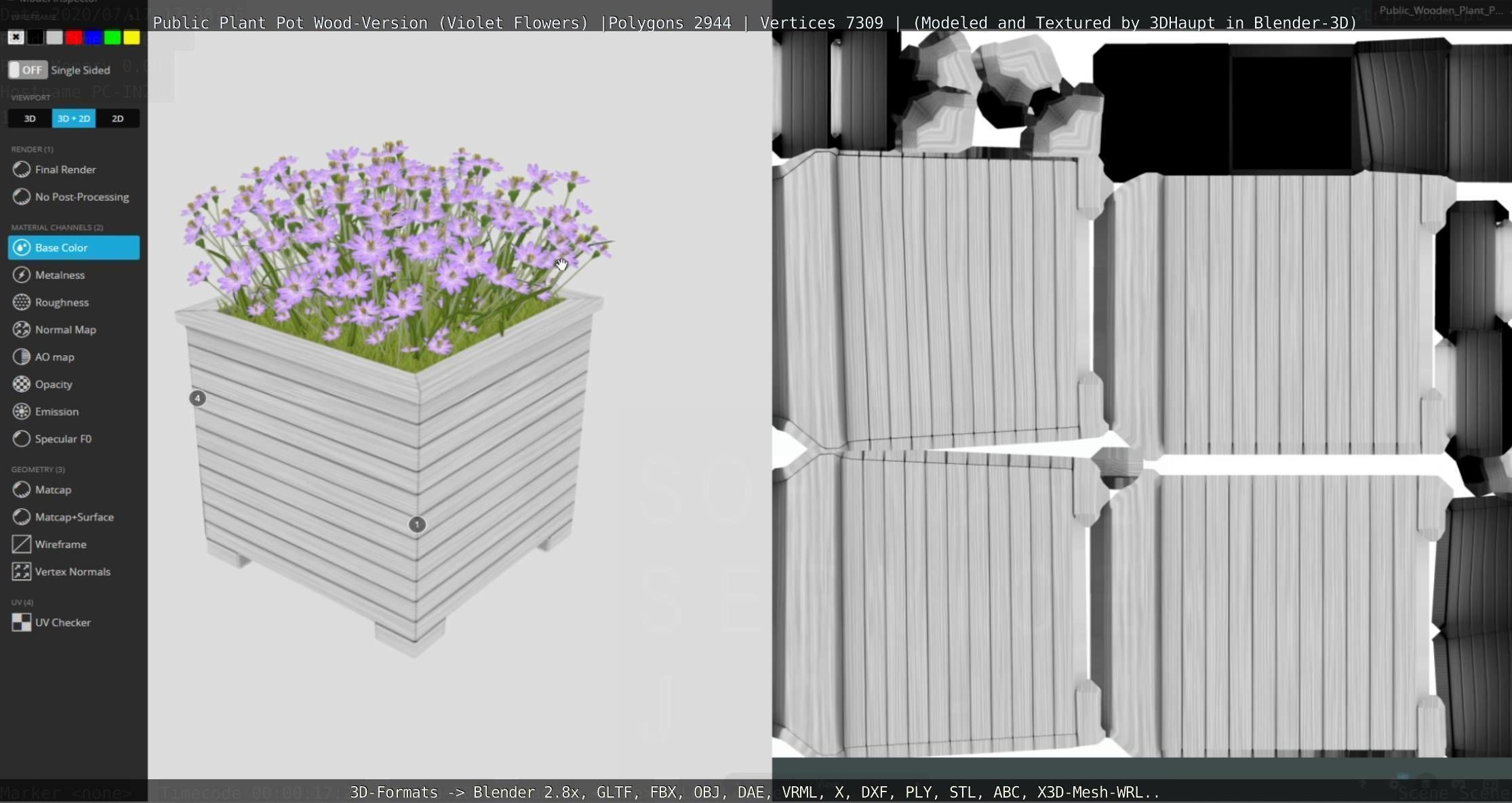 Public Plant Pot Wood-Version with Violet Flowers Low-poly 3D model_48