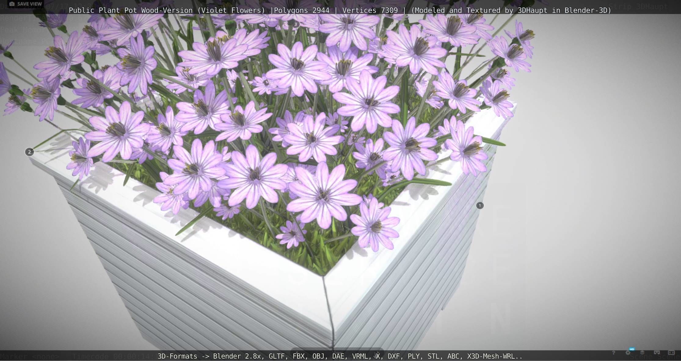 Public Plant Pot Wood-Version with Violet Flowers Low-poly 3D model_105