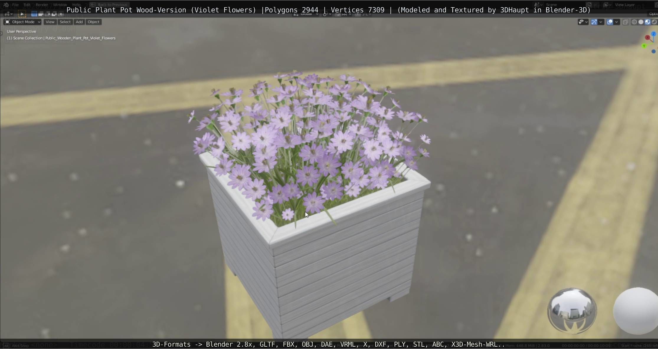 Public Plant Pot Wood-Version with Violet Flowers Low-poly 3D model_18