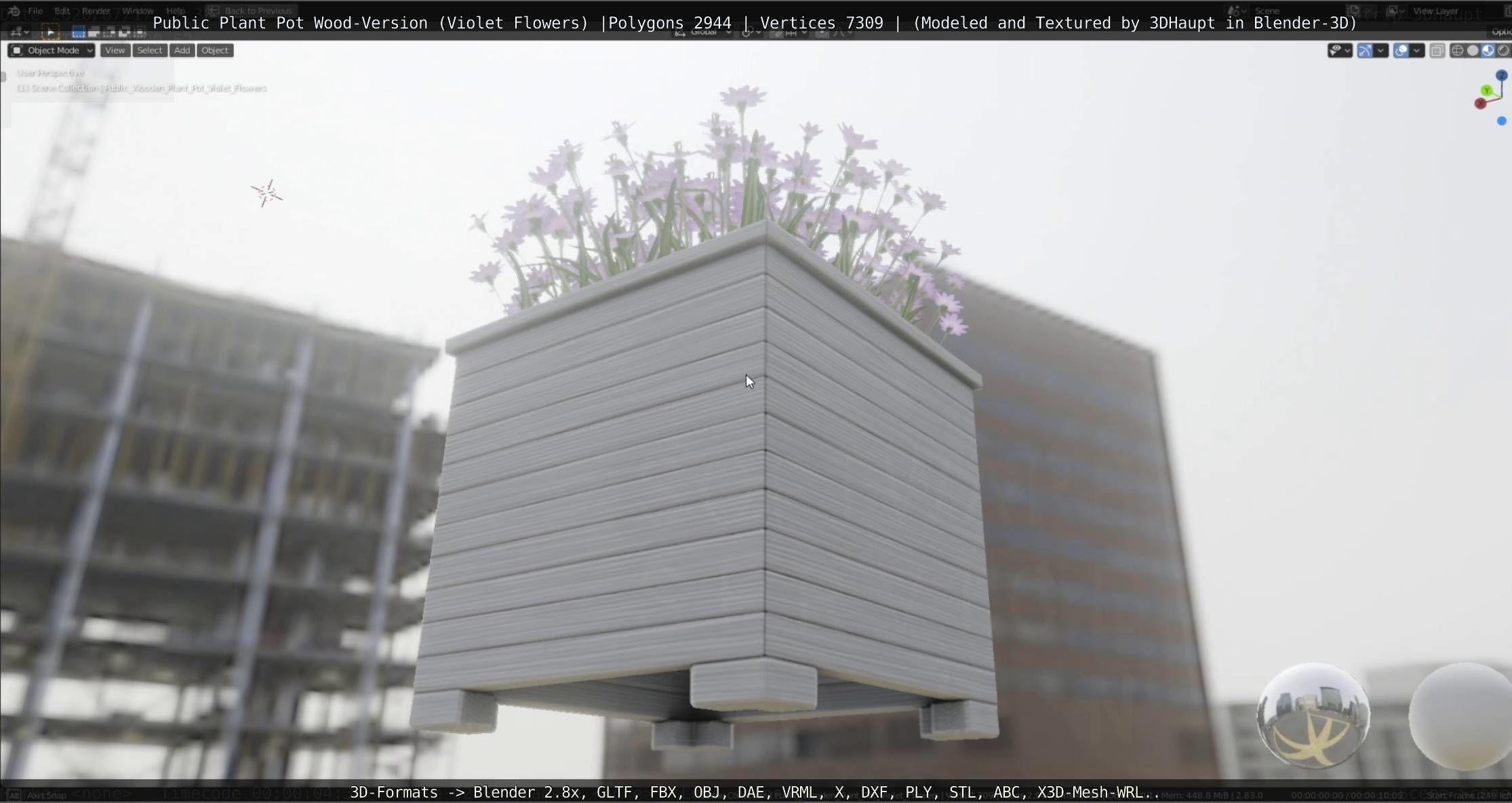 Public Plant Pot Wood-Version with Violet Flowers Low-poly 3D model_14