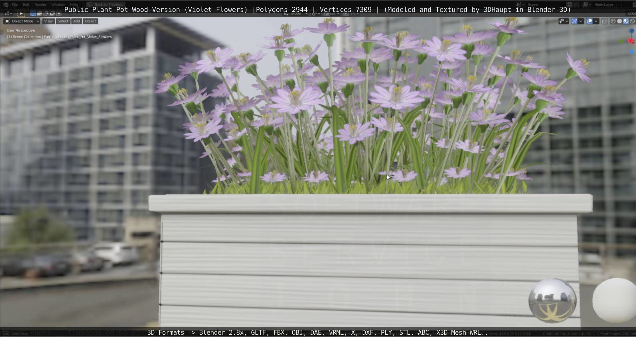 Public Plant Pot Wood-Version with Violet Flowers Low-poly 3D model_7