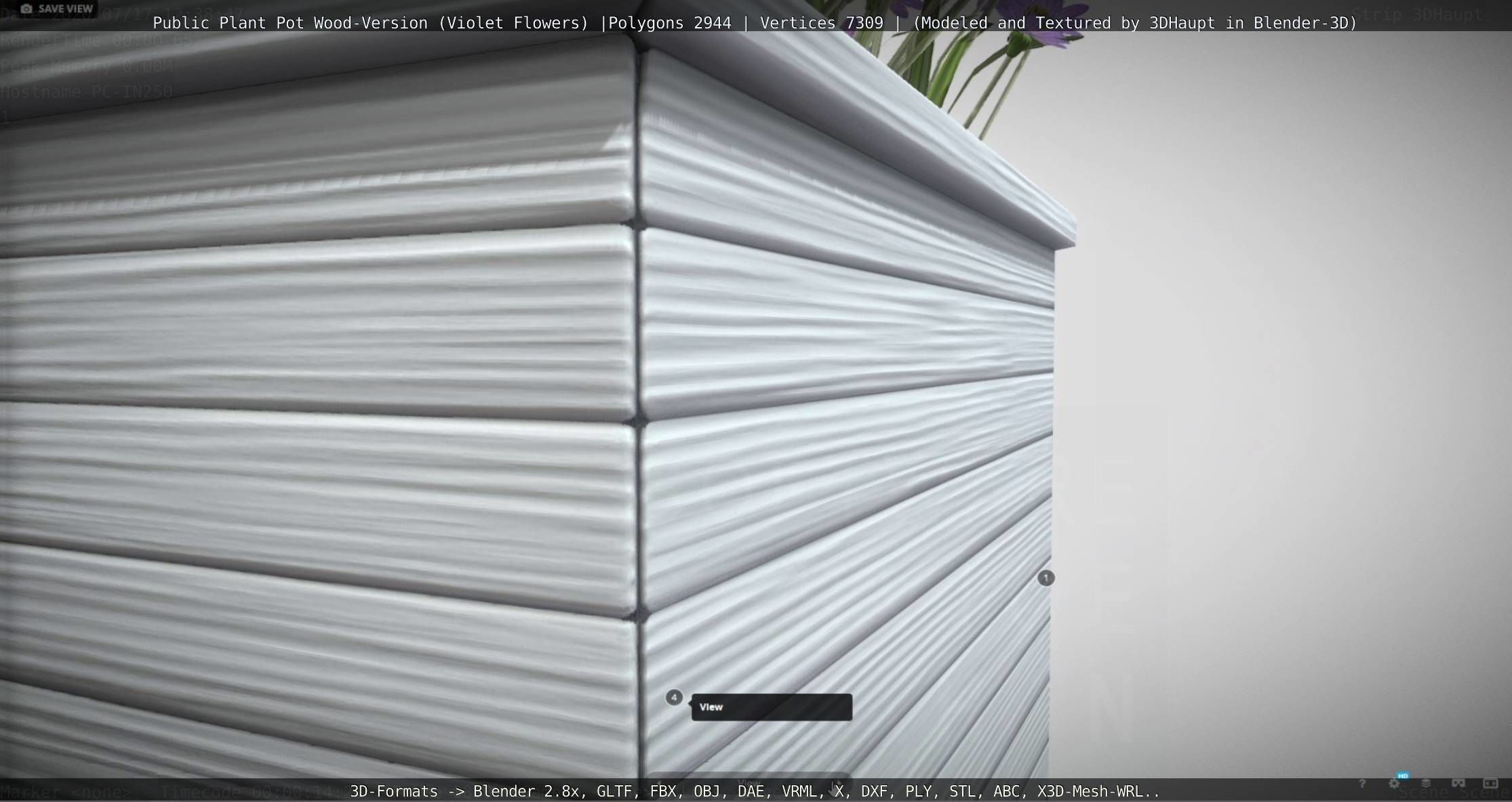 Public Plant Pot Wood-Version with Violet Flowers Low-poly 3D model_106