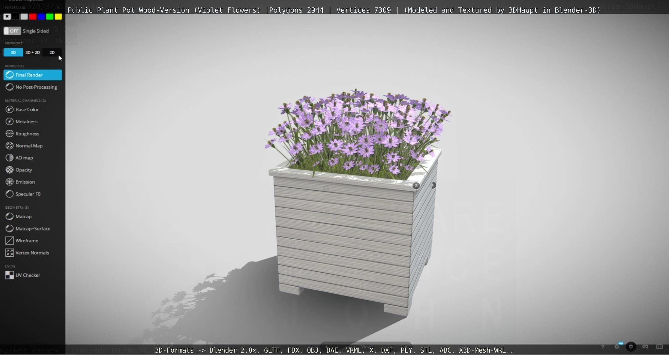 Public Plant Pot Wood-Version with Violet Flowers Low-poly 3D model_35