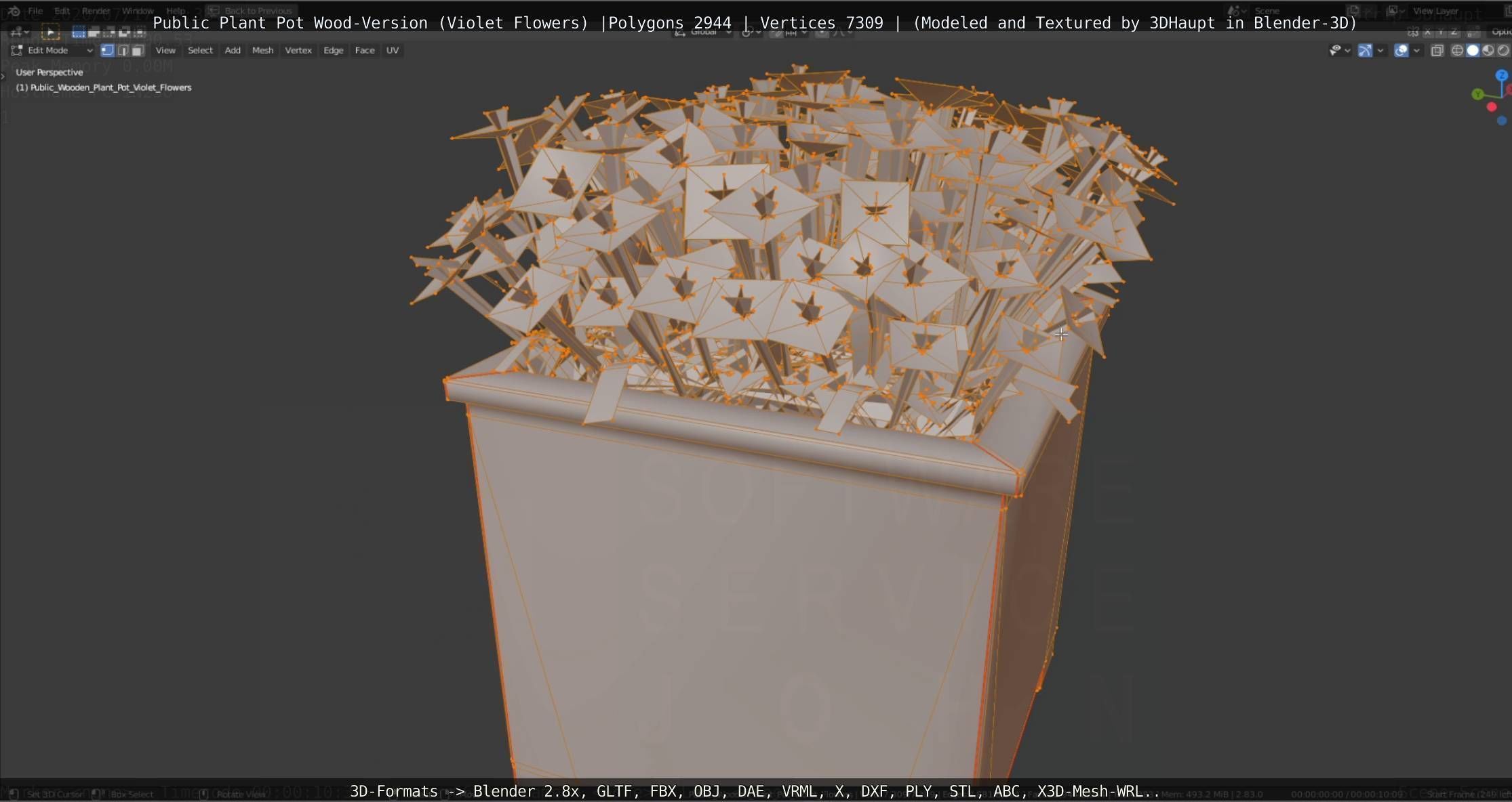 Public Plant Pot Wood-Version with Violet Flowers Low-poly 3D model_82