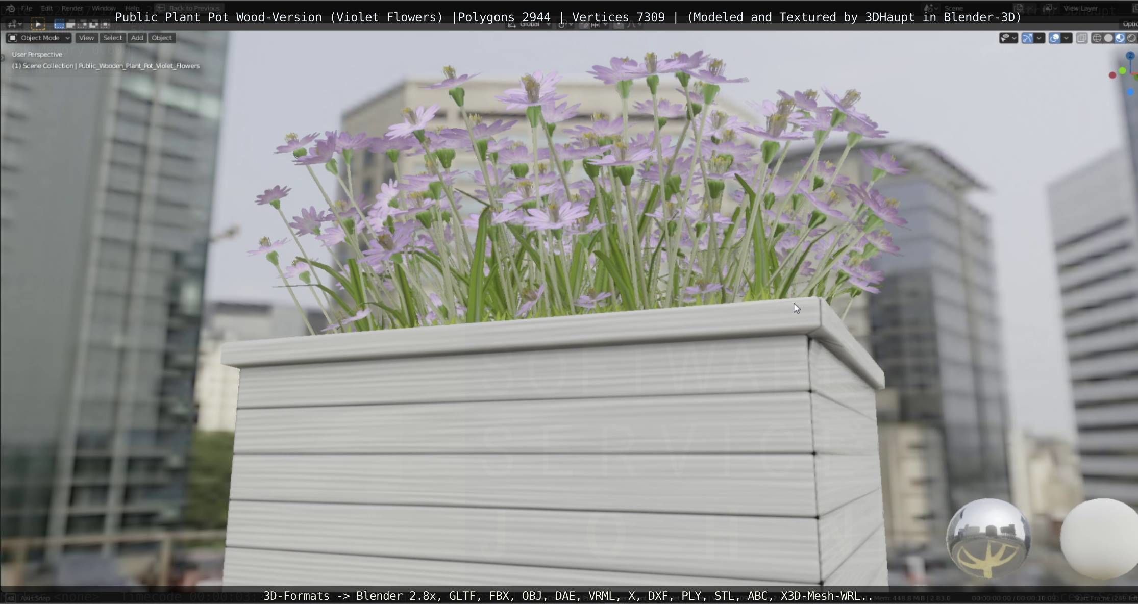 Public Plant Pot Wood-Version with Violet Flowers Low-poly 3D model_8