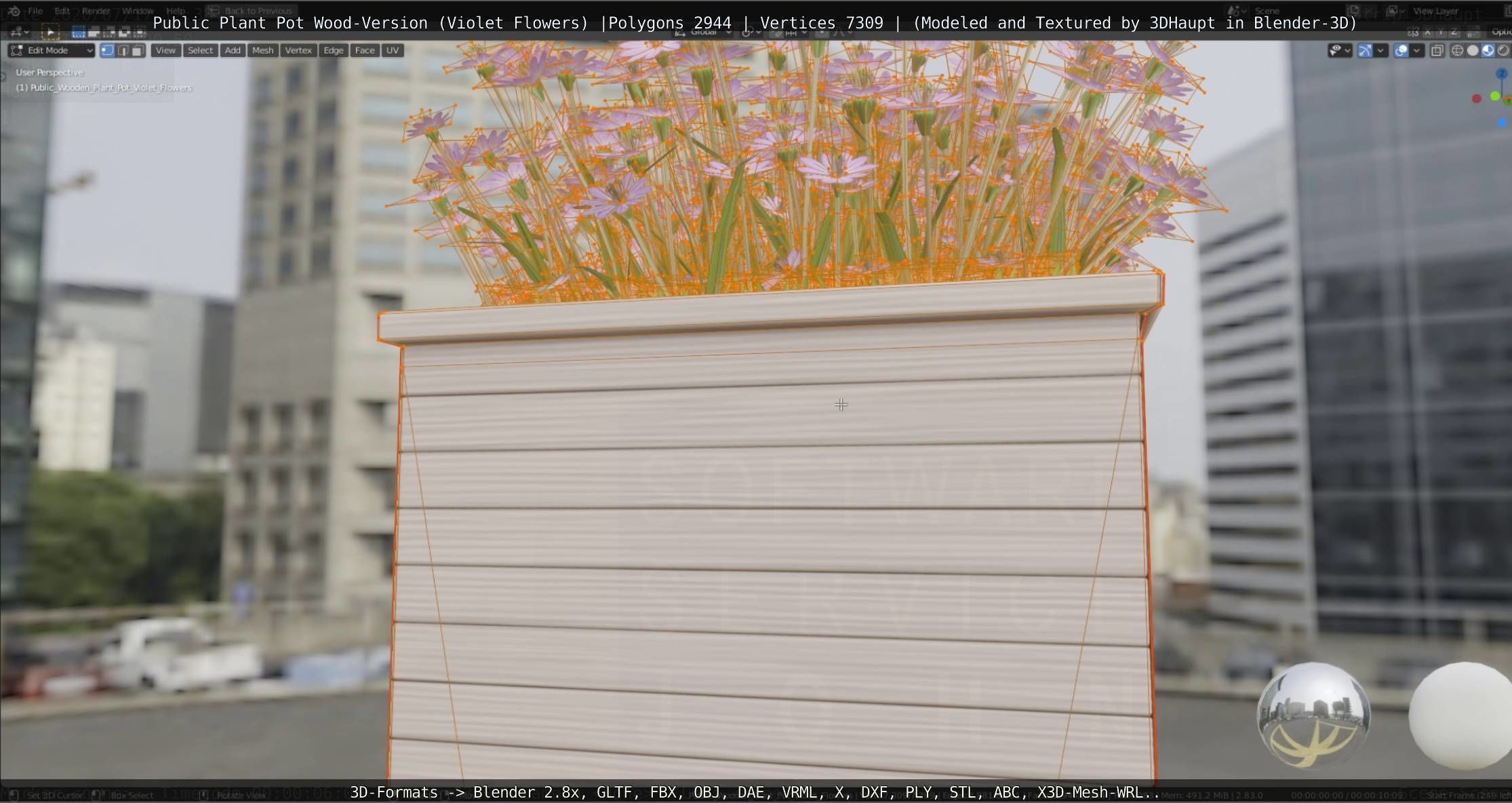 Public Plant Pot Wood-Version with Violet Flowers Low-poly 3D model_55