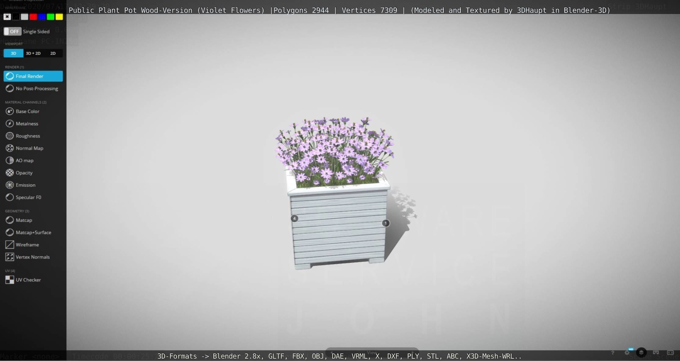 Public Plant Pot Wood-Version with Violet Flowers Low-poly 3D model_45